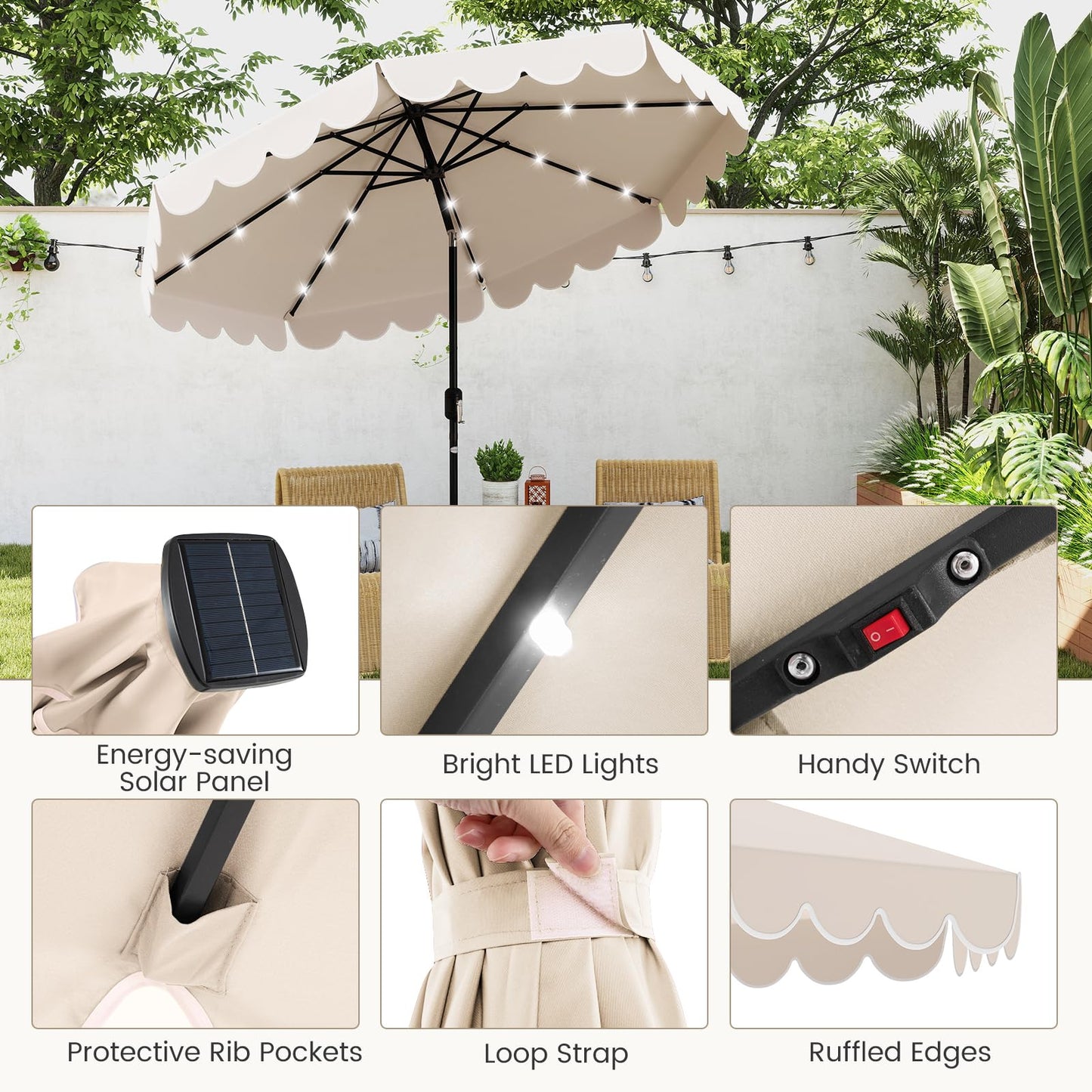 Tangkula 9 FT Solar Patio Umbrella, 2-Tiers Scalloped Outdoor Table Market Umbrella with 32 LED Lights, Vented Top, Tilt Adjustment, Crank, 8 Ribs for Backyard Poolside Deck Beach Lawn (Beige)