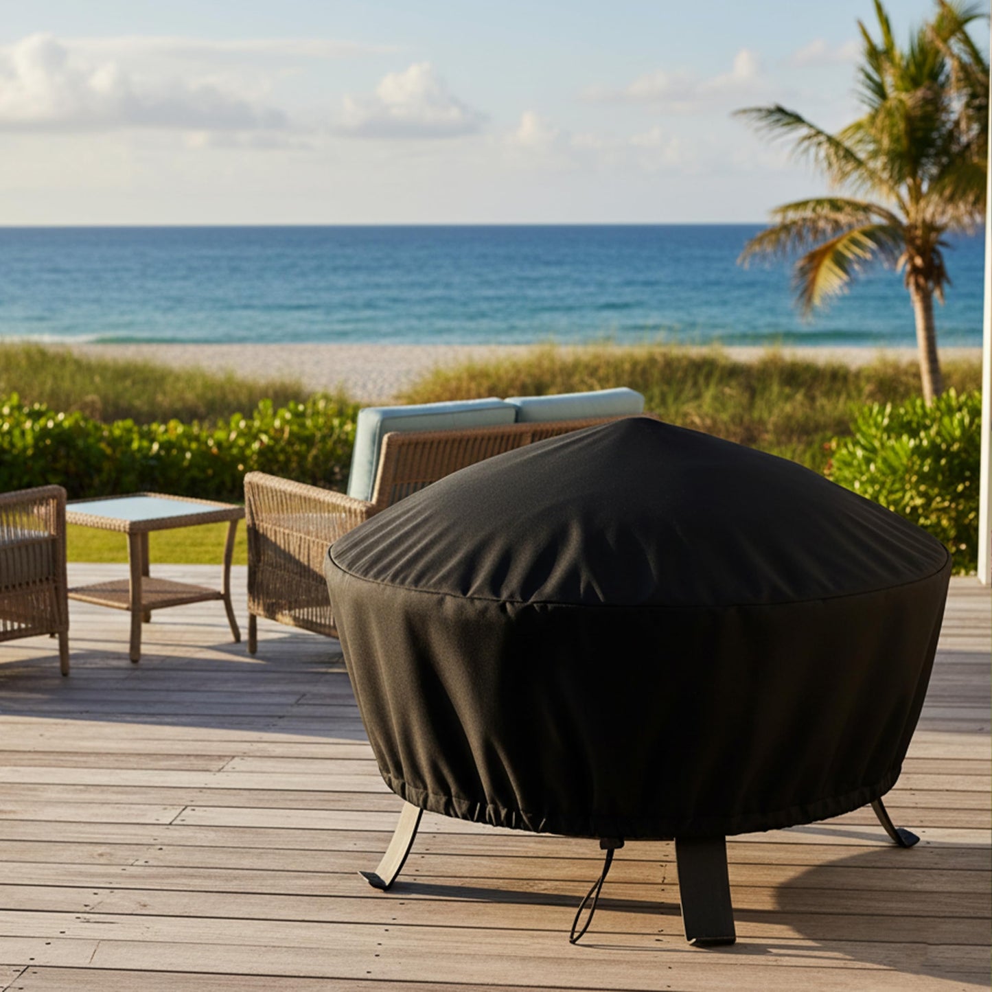 Sunnydaze 58-Inch Fire Pit Cover Round - Outdoor Fire Pit Cover - Weather-Resistant PVC with Drawstring Closure - Durable Protection for All Seasons - Black