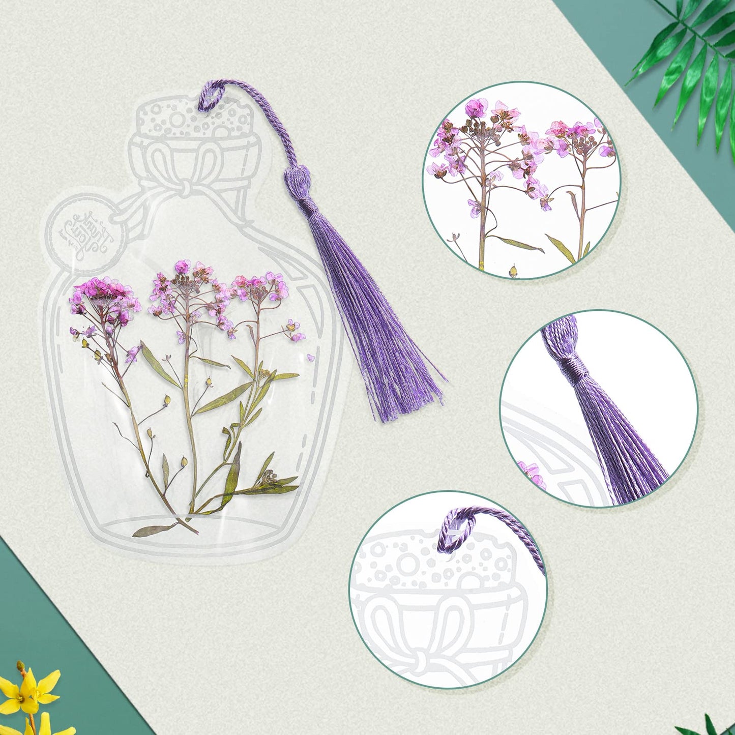 TaoBary 91 Pcs DIY Handmade Transparent Dried Flower Bookmark Set Include Butterflies Clear Bookmarks Dried Flowers Colorful Tassels and Tweezer for Book Bottle Supplies(Classic Color)