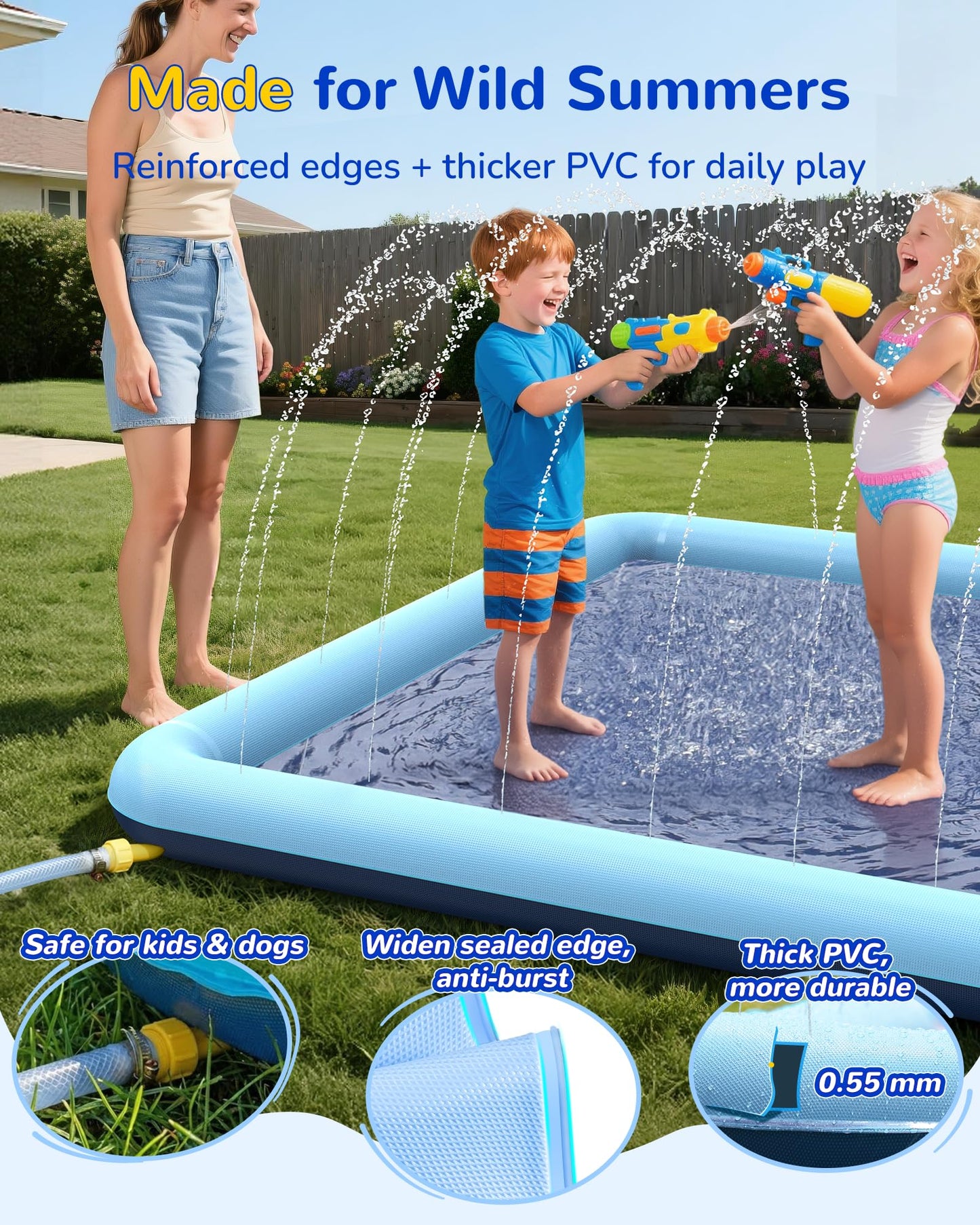 VISTOP Non-Slip Splash Pad for Kids and Dog, Thicken Sprinkler Pool Summer Outdoor Water Toys - Fun Backyard Fountain Play Mat for Baby Girls Boys Children or Pet Dog (116 * 72 inch,Blue&Blue)