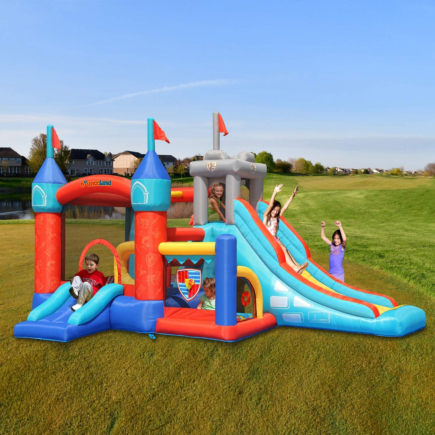 Bounceland Medieval Bounce Castle Bounce House with Slide & Ball Pit, Basketball Hoop and Ball Toss Game Included, Long Fun Slide, Obstacle Courts, Comes with UL Certified Blower Fun Party