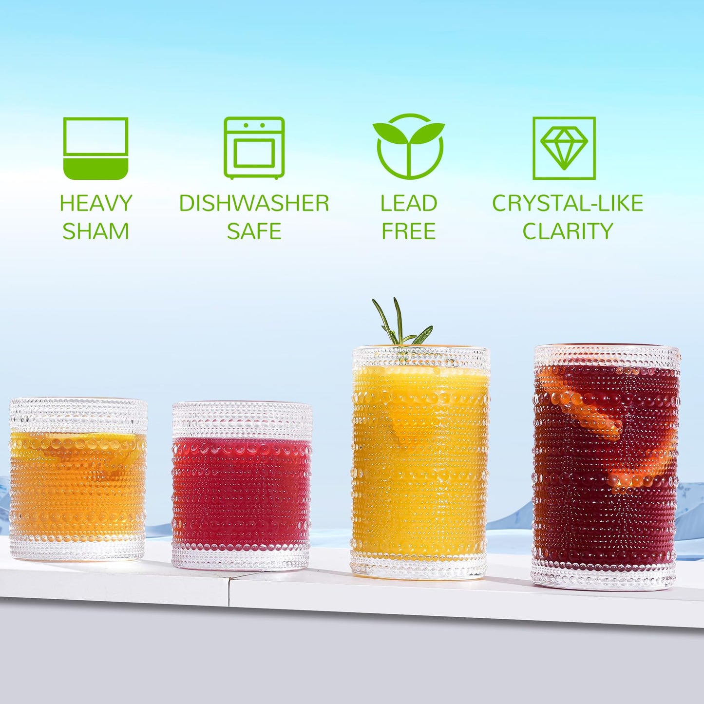 Lvtrupc Vintage Hobnail Drinking Glasses Set of 12-14 oz Old Fashioned Water Glass Cups & 11 oz Cocktail Glasses, Aesthetic Kitchen Bar Tumbler Glassware Gifts Sets for Smoothie, Juice, Coffee, Wine