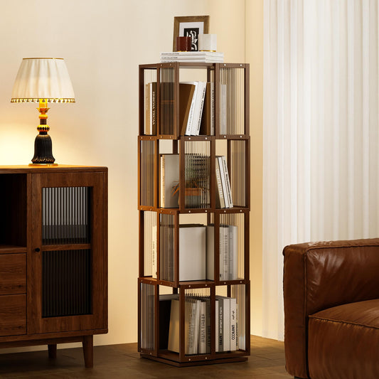 BAMEOS Rotating Bookshelf Tower 4 Tier, 360 Spinning Bookcase with Solid Wood Frame & Bamboo Finish, 4-Component Easy Assembly Corner Book Shelf for Small Spaces, Office, Bedroom, Living Room