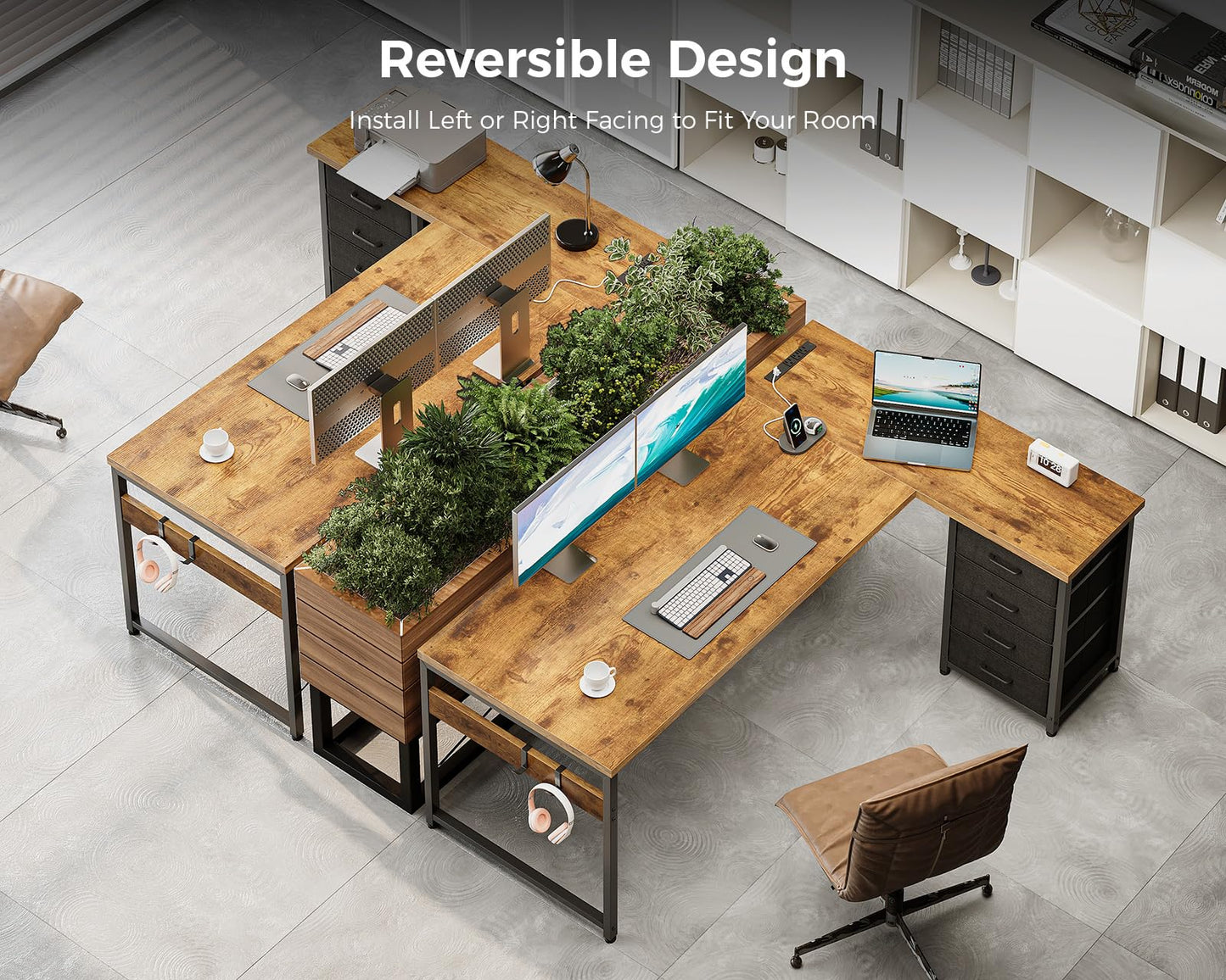 AODK L Shaped Desk with 4 Tier Drawers, 61" Reversible Gaming Desk with Power Outlets, L Shaped Computer Table with USB Charging Port and Host Stand, Home Office Table, Easy to Assemble, Vintage