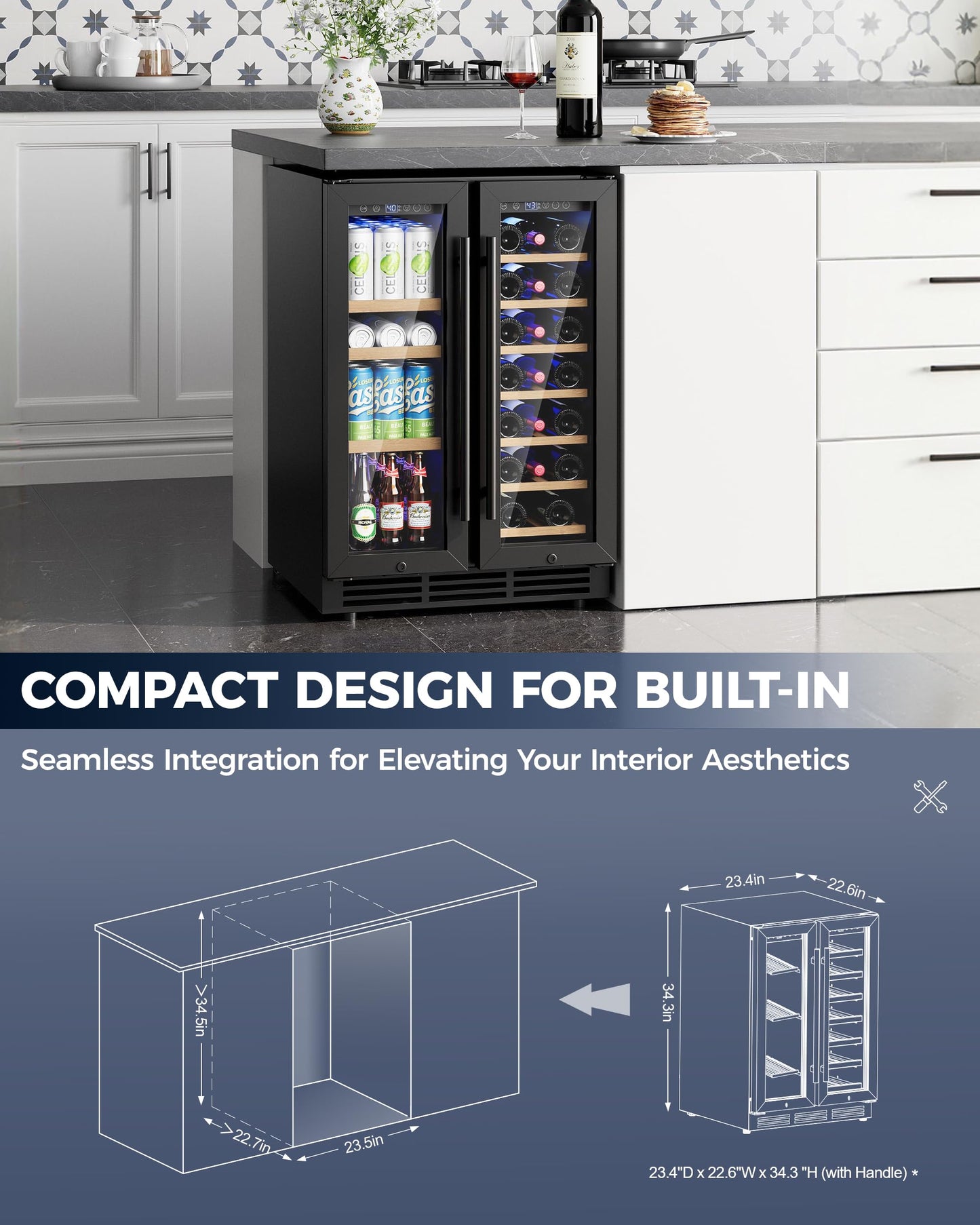 ICEVIVAL Wine and Beverage Refrigerator, 24 Inch Built-In Wine Fridge with Glass Door, Holds 20 Wine Bottles & 60 Cans, Under Counter Refrigerator with Quiet Cooling System & Blue LED Light(Black)