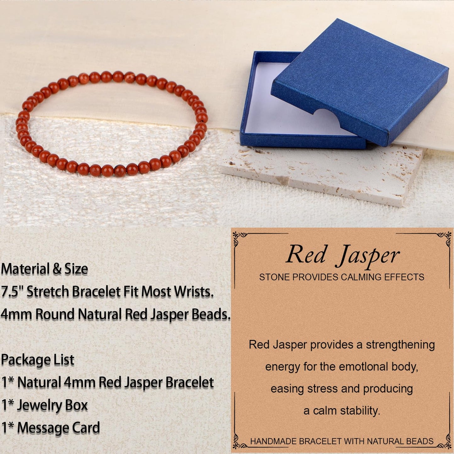 LPBeads Handmade Natural Gemstone Stretch Elastic 4mm Red Jasper Bracelet Healing Crystal Round Stone Beads Jewelry Gifts for Women Men