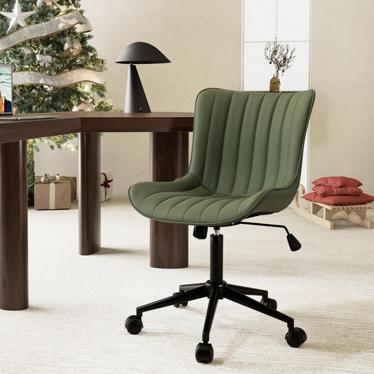 YOUNIKE Armless Home Office Desk Chair with Wheels Compact Comfy Vanity Chair with Adjustable Back Modern Small Leather Upholstered Rolling Swivel Cute Task Drafting Sewing Chair No Arms Olive Green