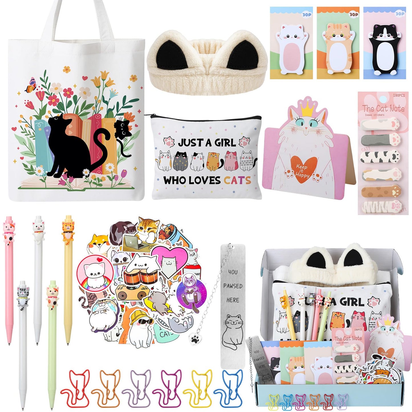 Cat Gifts for Cat Lovers Cat Office Supplies Canvas Tote Bag Spa Headband Cute Sticky Notepad Paper Clips Ballpoint Pen Cartoon Stickers Party Favor for Birthday Festival Gifts