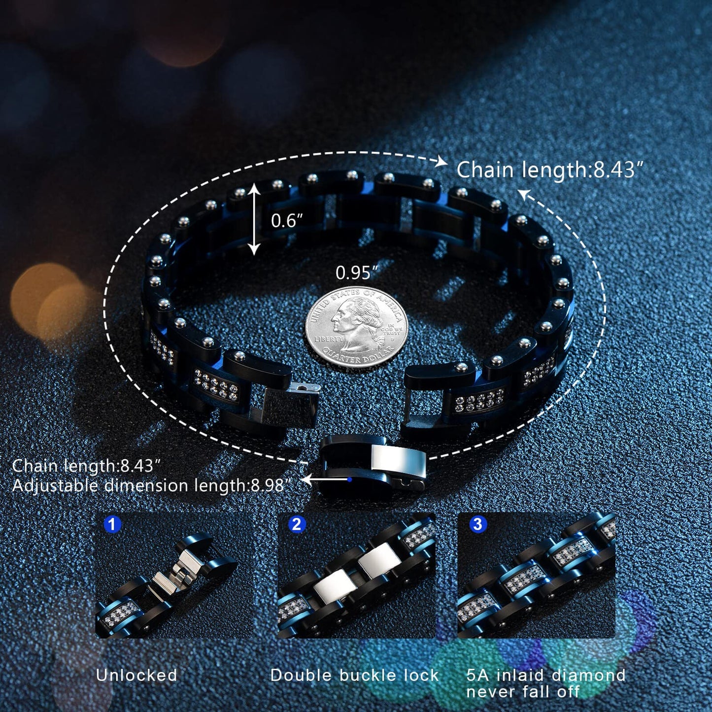 Ziallay Link initial bracelet hip hop jewel gift men Ms. Christmas birthday jewel gift boyfriend son fashion bracelet, diamond, double tone bracelet. (Blue black)