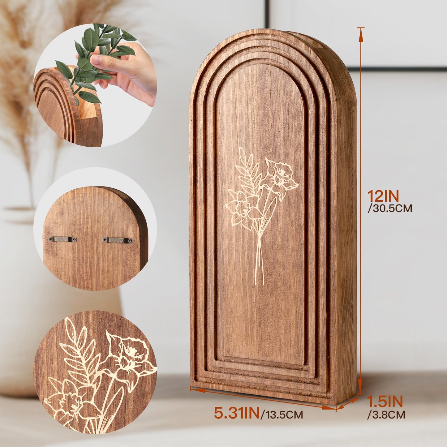 Rustic Wood Wall Planter - Decorative Hanging Vase for Dried Flowers & Artificial Plants, Farmhouse Wall Art Decor for Living Room & Entryway, Set of 2 Faux Greenery Holder (Not for Live Plants)