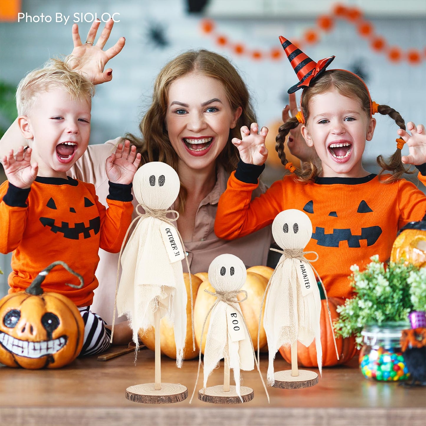 Halloween Ghost Decorations Set of 3, Rustic Wooden Base Boo Ghost Tabletop Ornaments, Farmhouse Halloween Indoor Centerpieces for Mantel, Shelf, Coffee Table and Entryway Decor