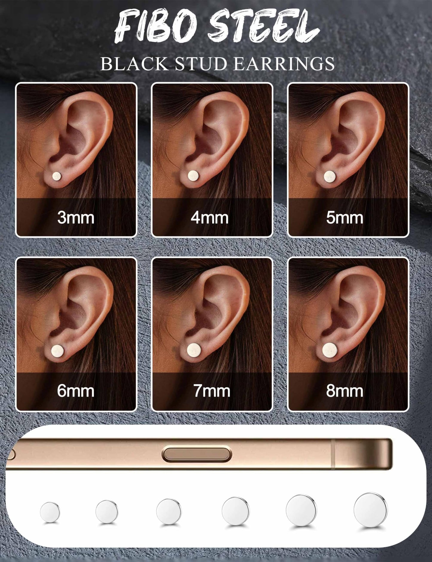FIBO STEEL 6 Pairs Stainless Steel Black Stud Earrings for Men Women Faux Gauges Ear Tunnel Fake Gauge Earrings 3-8mm Silver