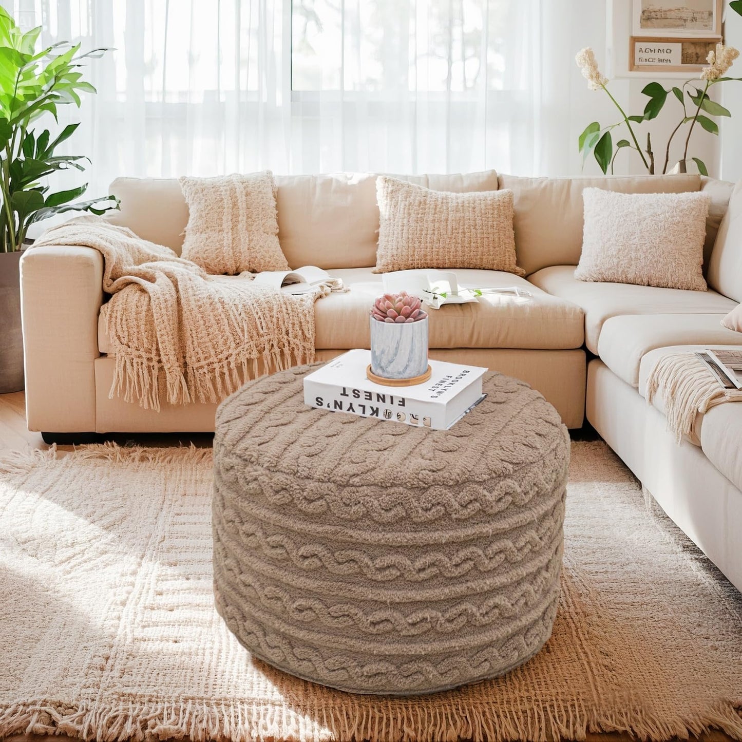 Asuprui Round Pouf Ottoman Stuffed Foot Stool Floor Pouf Chair for Living Room Bedroom Filled One Piece High Resiliency Foam Boho Poof Foot Rest for Couch 20 Diameter x 12 Height Coffee with Filler
