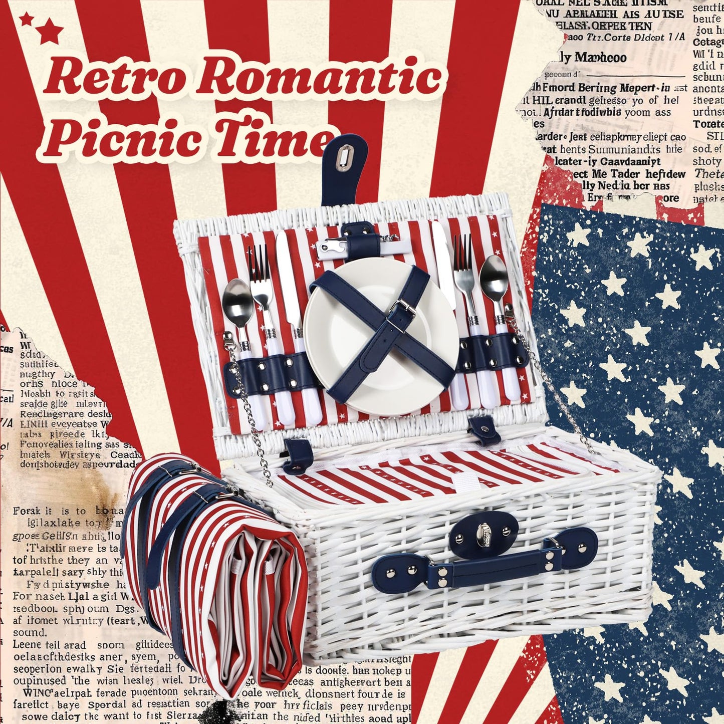 Wicker Picnic Basket for 2 with Waterproof Picnic Blanket and Insulated Bag, Patriotic Red White and Blue Star Pattern for Soccer Game, Camping, Travel, Birthday Gift, Wedding Gift
