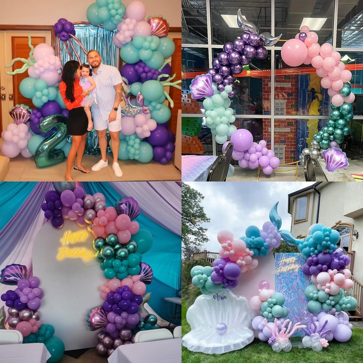 Mermaid Birthday Decoration for Girls,Metallic Purple Pink Green Blue Latex Balloons Seashell Foil Balloons Banner Cake Topper Mermaid Sea Decorations