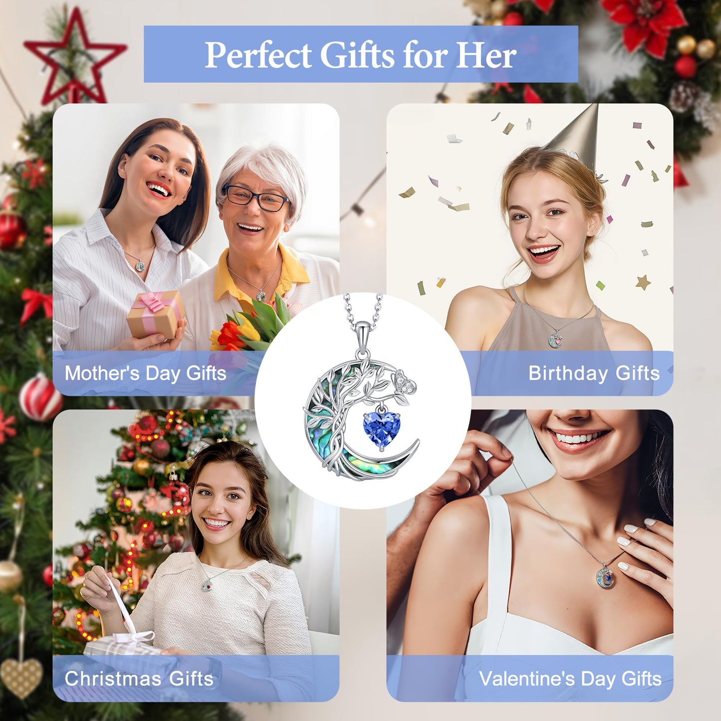 Distance Tree of Life Birthstone Necklace for Women, S925 Sterling Silver Premium Abalone Shell Moon Pendant December Heart Birthstone Necklace, Tanzanite Jewelry Christmas Birthday Gifts for Her Wife