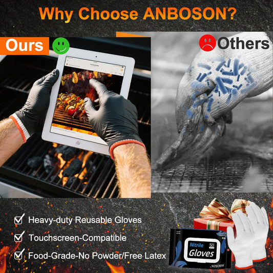 BBQ Gloves 50 Disposable nitrile Gloves with 2 Reusable Cotton Liners Guantes for Cooking Food Prep,Powder Latex Free,Heat Resistant for Grilling, Barbecue, Smoker Guante Heat Froof for Men - XLarge