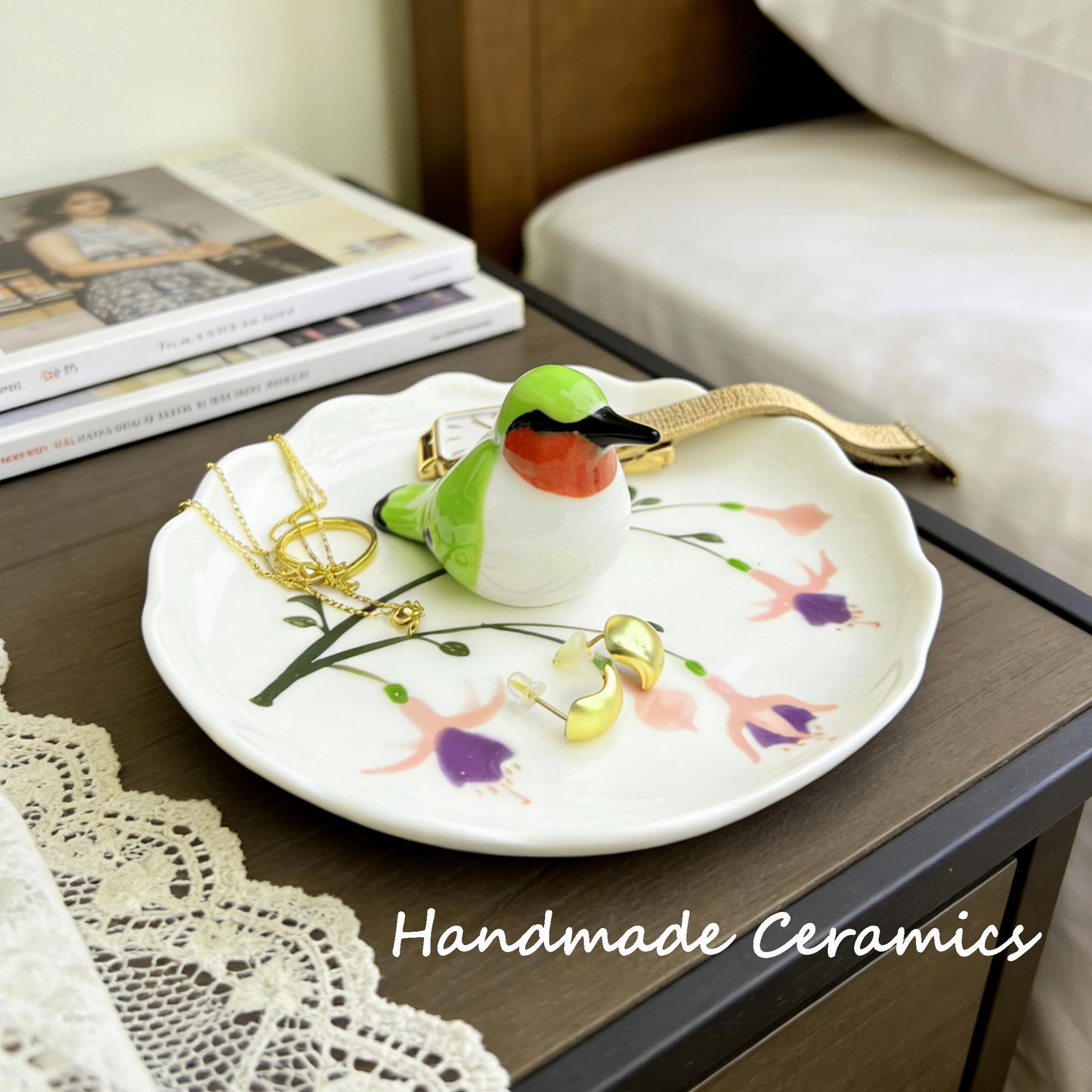 RIHDXCH Hummingbird Ceramic Jewelry Tray– Fuchsia Holiday Trinket Plate for Rings, Earrings & Gifts Handmade Ceramic Jewelry Dish.Valentine's Day Mother's Day Any scenario