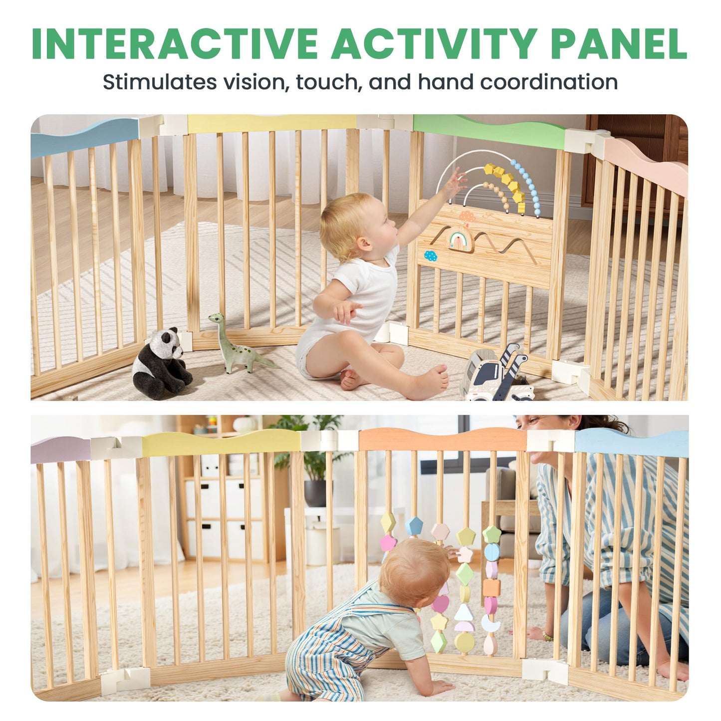 Foldable Wooden Baby Playpen - Adjustable Wood Play Yard, Indoor Large Safety Fence for Babies and Toddlers - Built-in Toys Design, 45 x 45 x 24 inches, Colorful Dream