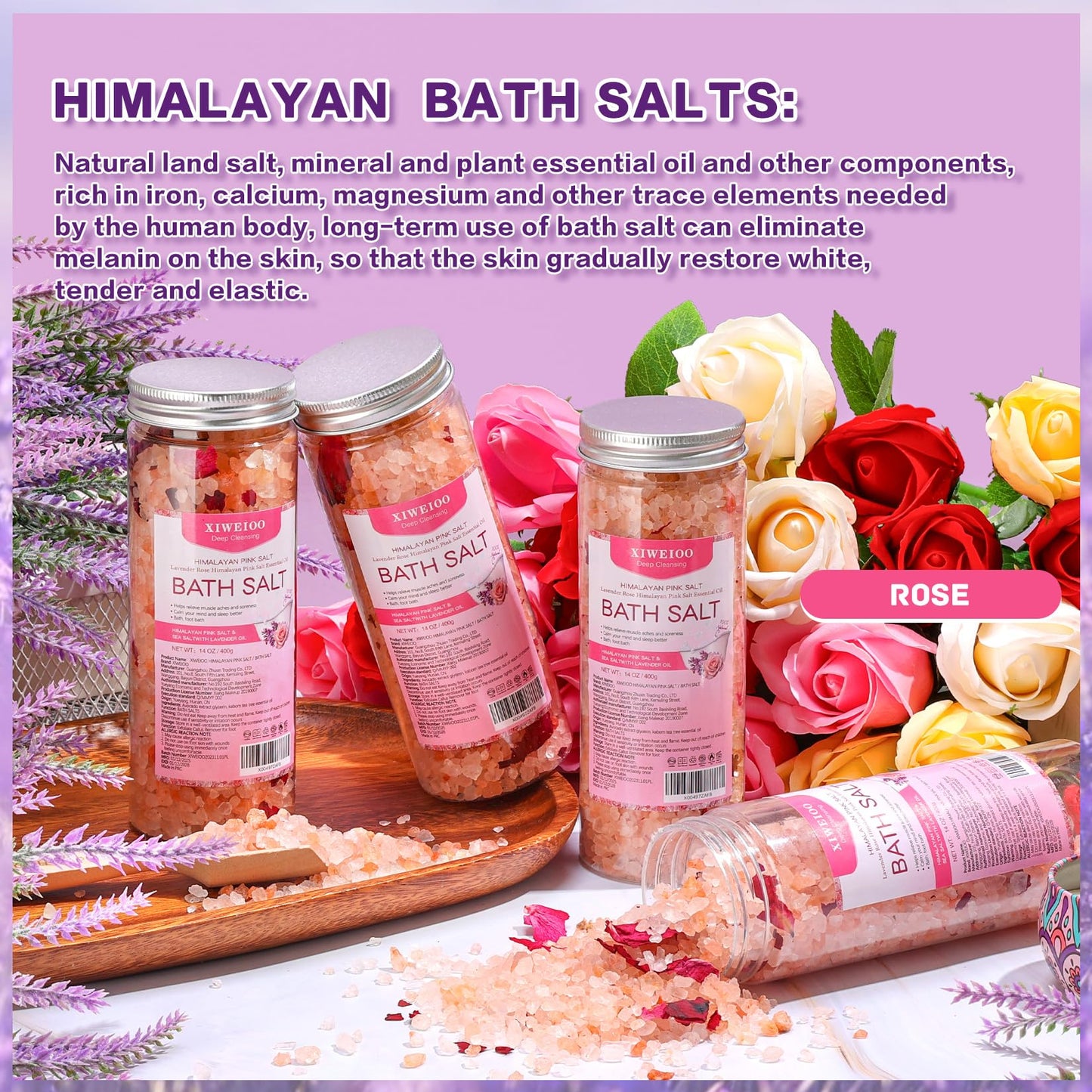 XIWEIOO Bath Salts Set -56 oz, Pack of 4 Natural Epsom Salt for Soaking Rose Salts kit - Essential Oils Relaxes and Better Sleep Himalayan Pink Salt Foot Soak Tea Tree Oil for Women