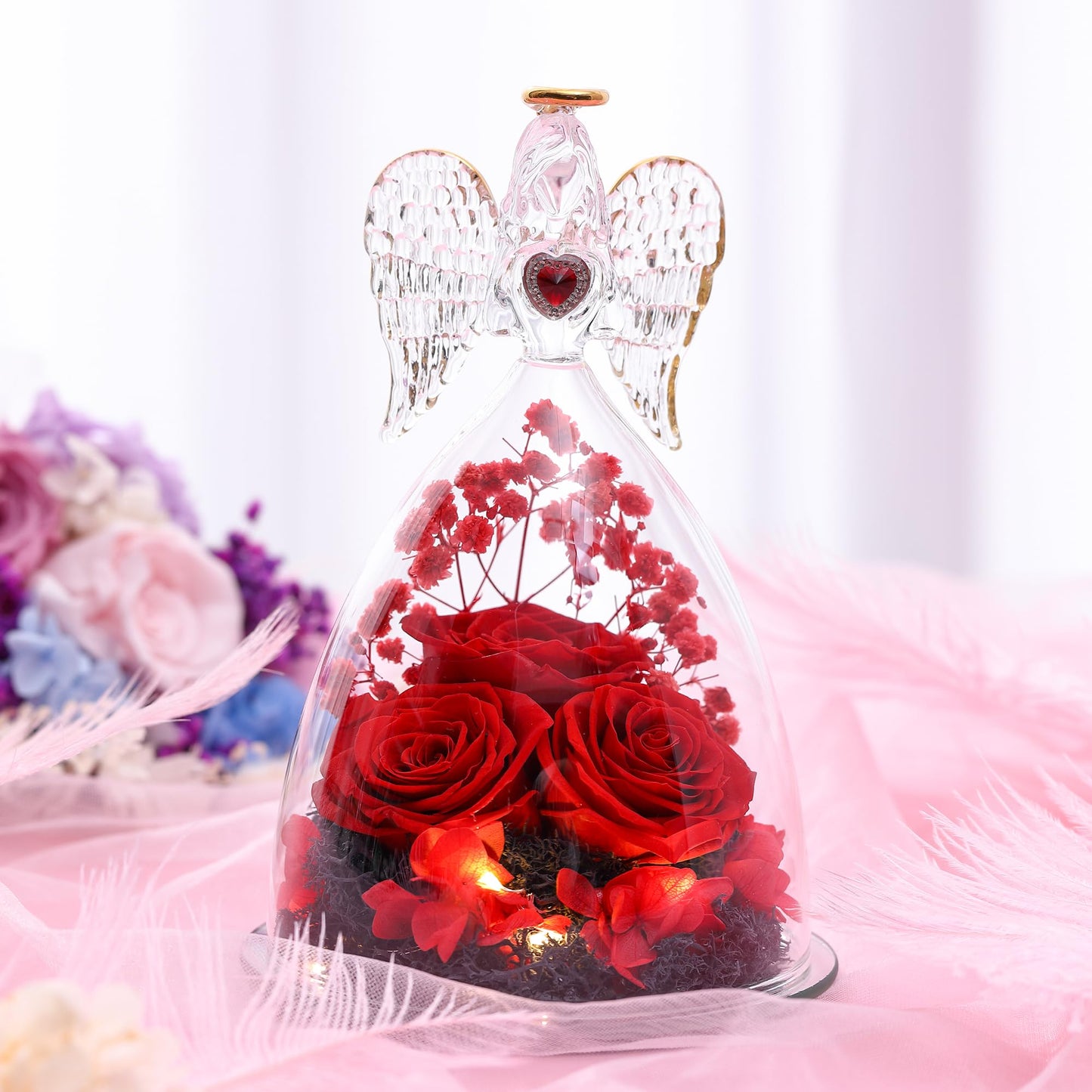 Tiaronics Mothers Day Rose Gifts for Women, Large Angel Figurines with Real Roses, Preserved Real Flower Rose for Her - Red