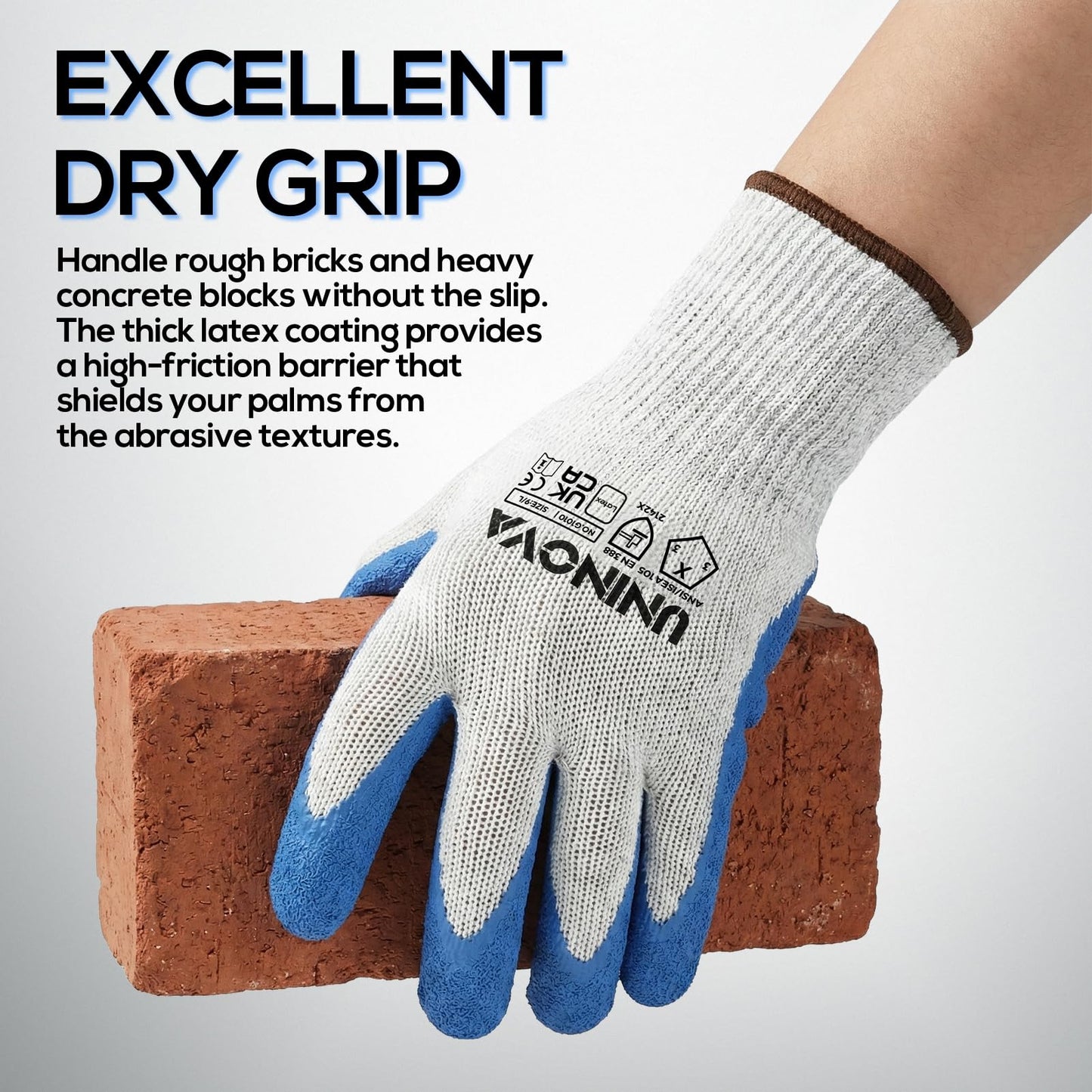UNINOVA Work Gloves, Crinkle Rubber Latex Palm Coating, Safety Work Gloves with Grip, Non-slip Bulk for Men Women, Construction Warehouse General Handling(Small,12Pairs)