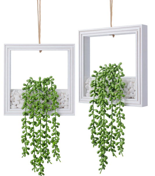 FancyPlus 2 Pack Fake Plants Hanging, Artificial Succulents Plants in Square Wooden Frame with LED Lights, Boho Wall Decor for Office Living Room Bathroom Bedroom Kitchen Indoor Outdoor, White