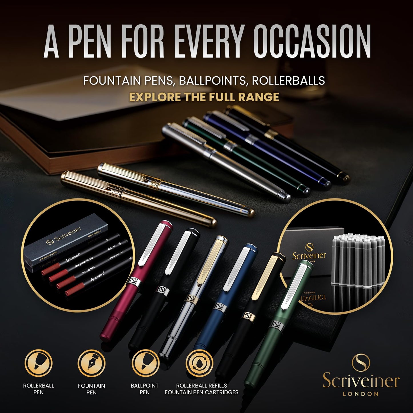 Scriveiner EDC Luxury Rollerball Pen, Stunning Heavy Pocket Pen, Hand Brushed Copper Finish, Cool Writing Pen, Best Pen Gift for Men, Women, German Schmidt Refill, Nice Fancy Office Designer Pen Set