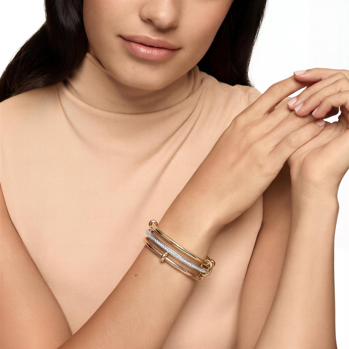 Musishiyu Gold Bracelets for Women Stacking Bangle - 18K Mixed Metal Tri-Color Rolling Interlocking Bands, Cubic Zirconia Fidget Anxiety Jewelry, Perfect Gifts for Mom Wife Grandma