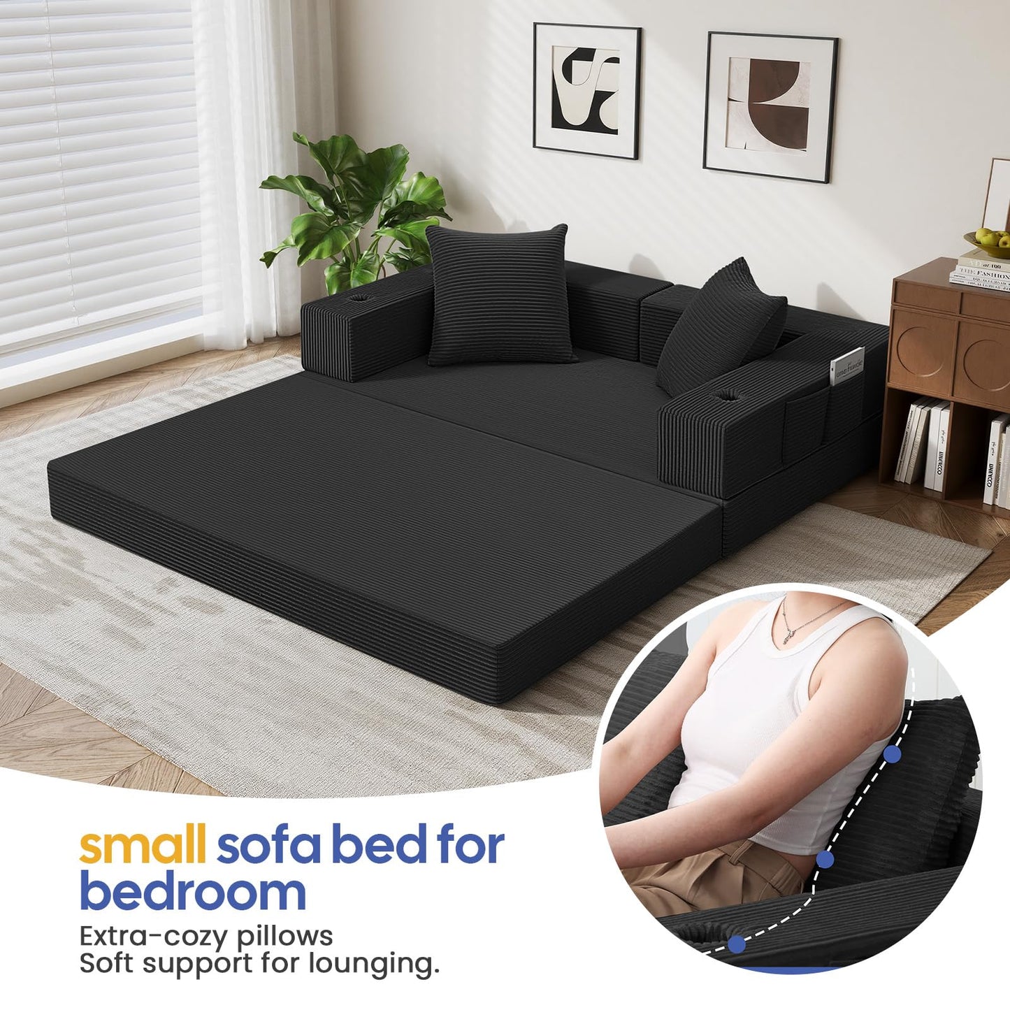 COMAX Futon Sofa Bed, 4‑in‑1 Convertible Sofa Bed, Folding Boneless Couches for Living Room, Fold Out Small Foldable Loveseat Floor Sleeper Comfy Mattress Lounge Space‑Saving, Black