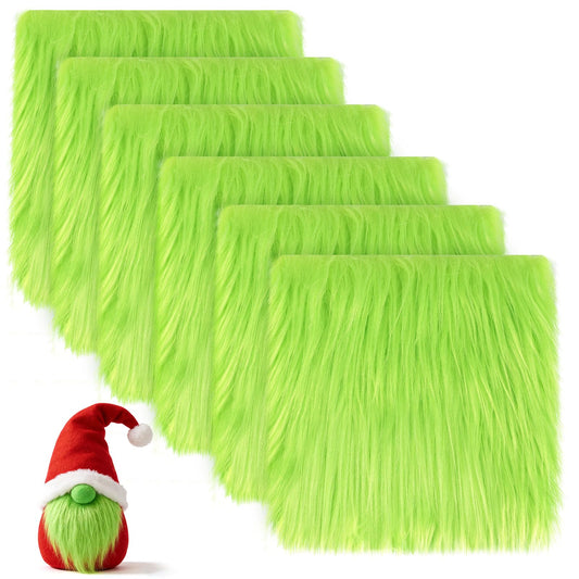 6 Pcs Green Faux Fur Fabric- 10"×10" Shaggy Fur Square Patches, Fluffy Warm Plush Fur Cuts for DIY Crafts Sewing Costume Rugs Pillows Cushion Pad Chair Cover Christmas Gnomes Decors