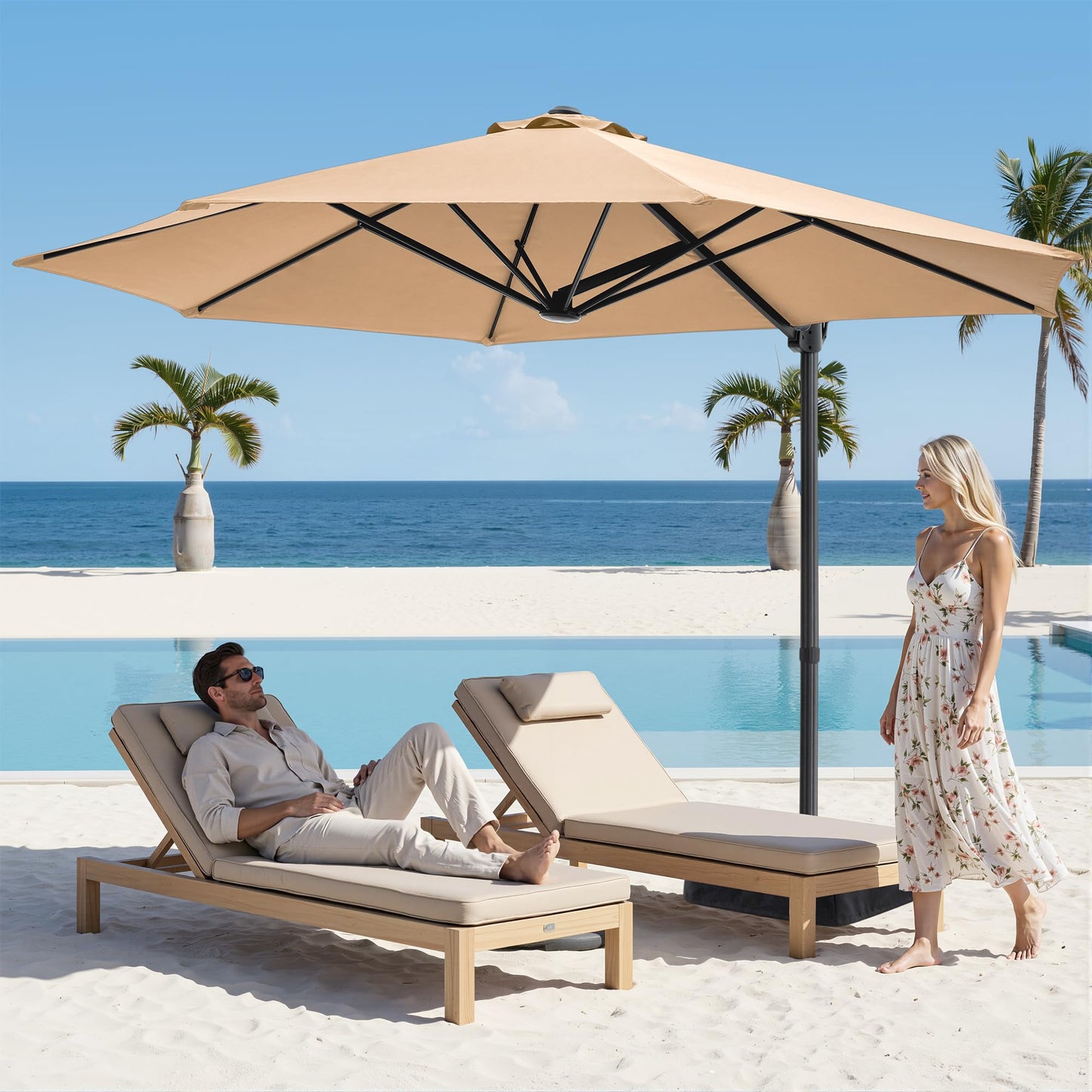 SUPERJARE 9ft Cantilever Umbrella with Base Included, Large Outdoor Umbrellas for Patio, Foot Pedal for 360° Rotation, Durable Metal Ribs, Offset Patio Umbrella, for Pool, Deck, Beige