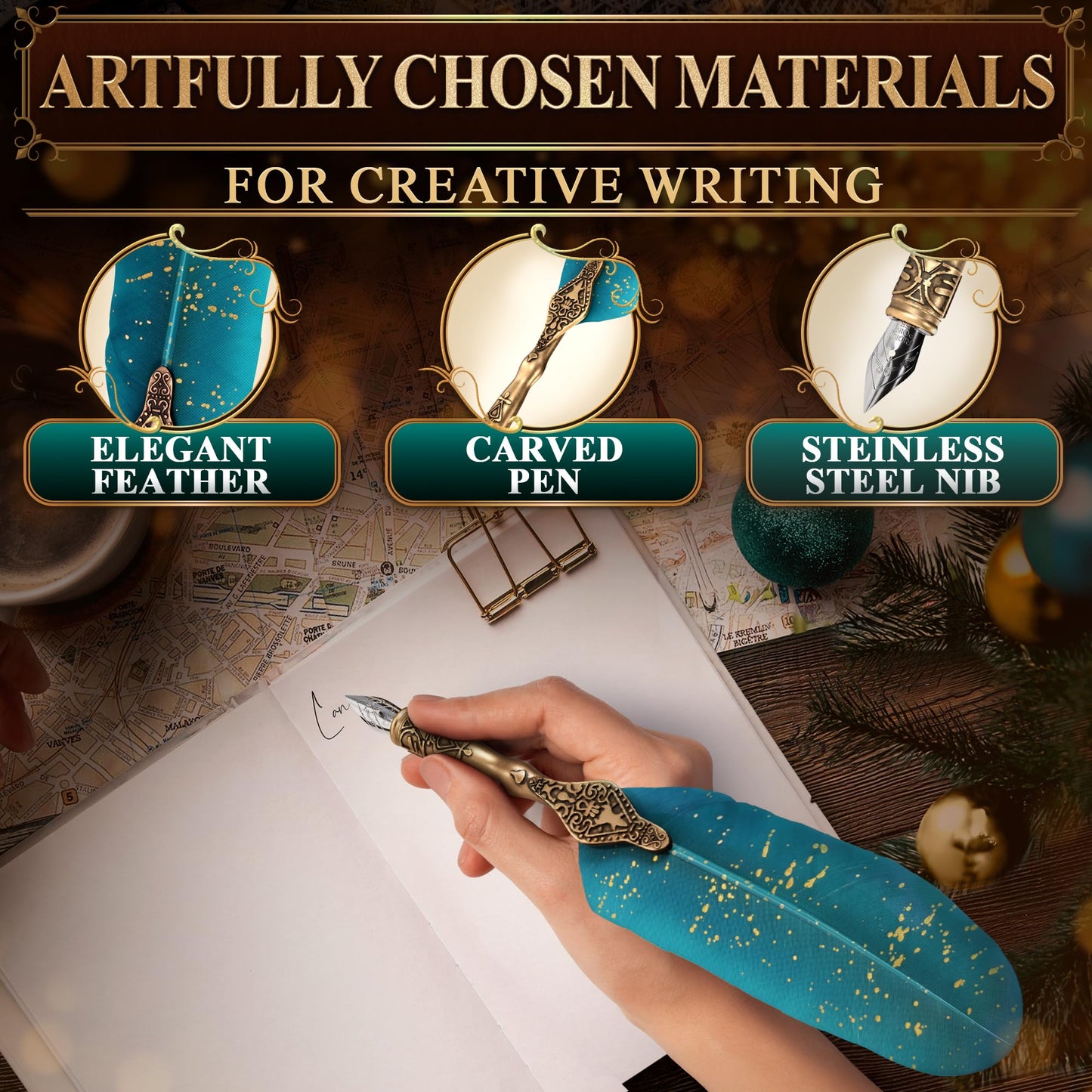 Turquoise Feather Quill Pen and Ink Set – Stainless Steel Dip Pen with 5 Nibs, Non-Slip Grip, Stand & Gift Box – Vintage Quill and Ink Set for Signing, Writing Calligraphy Kit, Elegant Writer Gift