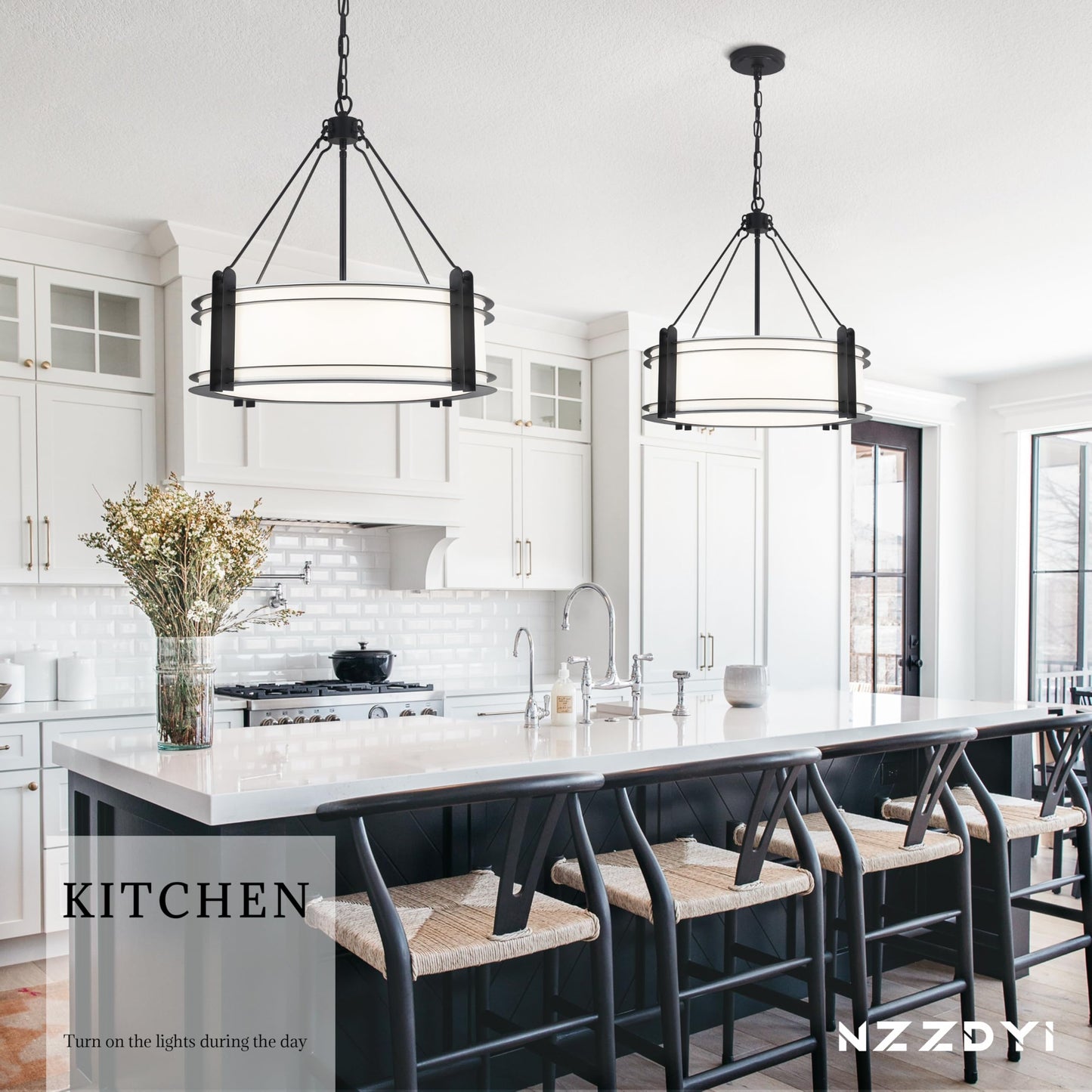NZZDYI 20.4''Drum Chandelier,5-Light Fabric Modern Chandeliers,Black Farmhouse Round Pendant Light Fixture for Dining Room Kitchen Island Living Room Bedroom Hallway