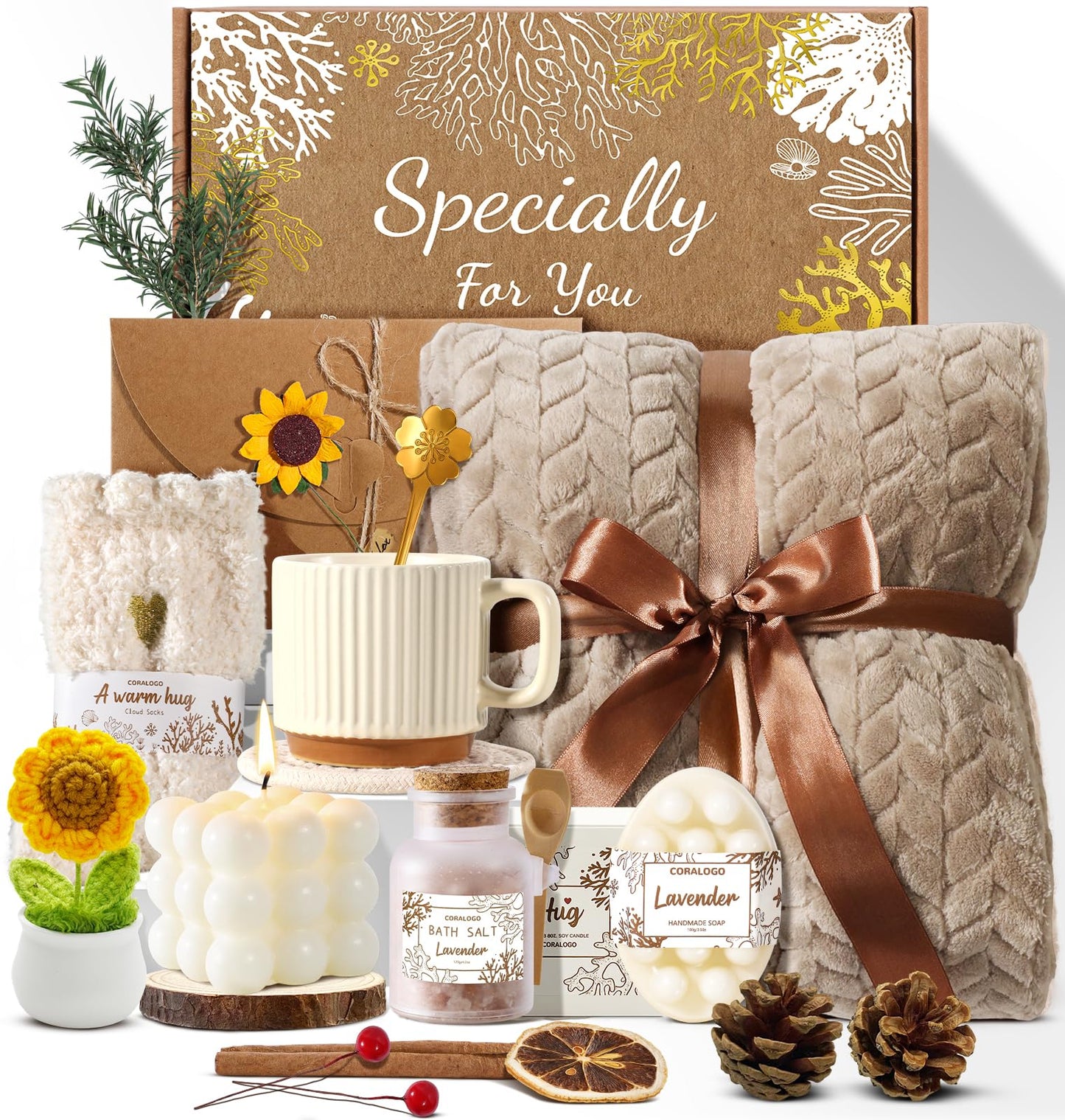 Coralogo Spa Gift Baskets for Women - Mothers Day Gift Basket, Get Well Soon, Self Care, Relaxing Sunflower Package, 11pcs Spa Sets with Blanket, Luxury Gifts for Her Birthday Anniversary Mothers Day