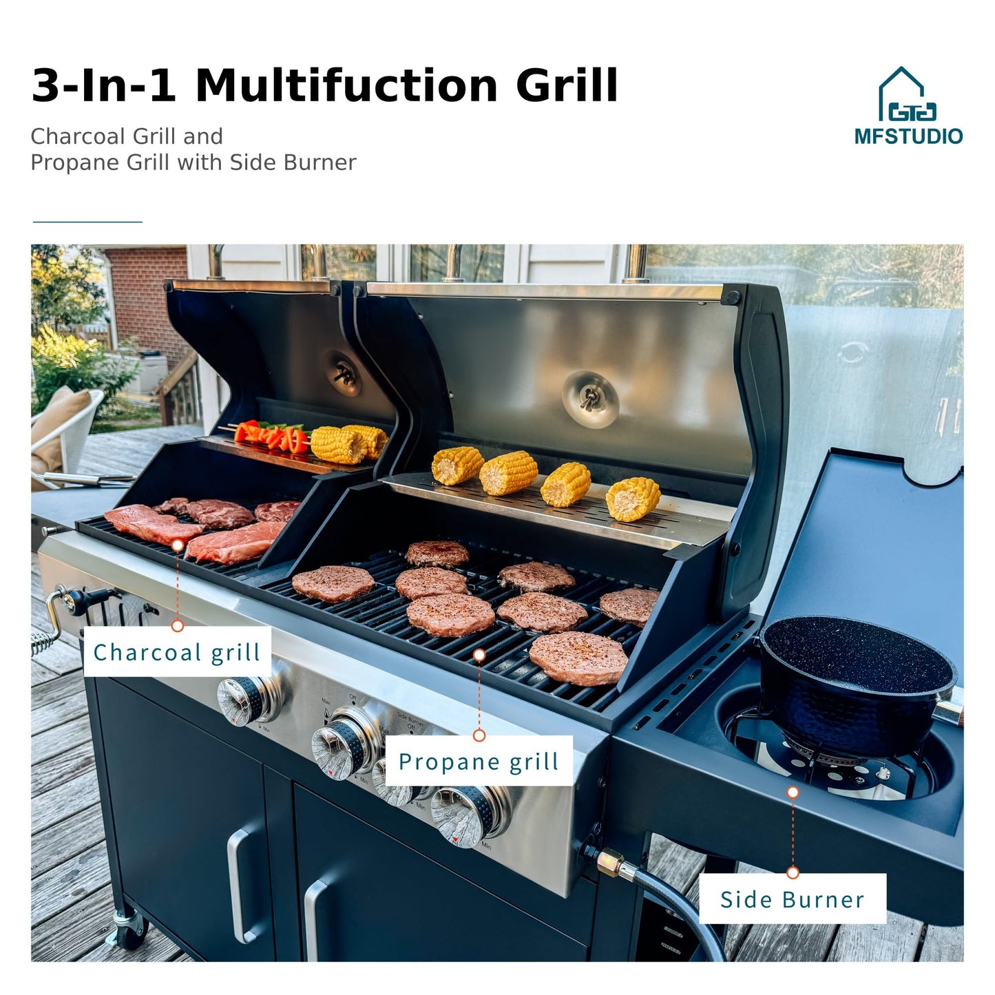 MFSTUDIO 3 In 1 Gas and Charcoal Grill Combo with Side Burner, Porcelain-Enameled Cast Iron Grate, Extra Large Dual-Function BBQ Propane Grills for Outdoor Barbecue Cooking, 690 SQIN Cooking Area