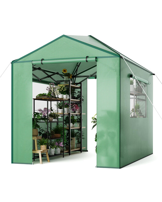 8x6 FT Portable Pops-Up Greenhouse for Indoor/Outdoor Use, Durable PE Cover Walk-in Greenhouse Kit, Zippered Doors & Mesh Windows Tunnel Green Houses, Easy Setup Garden Grow Tent for Plants, Green