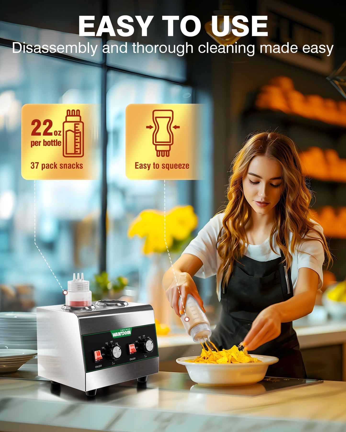 WantJoin Electric Sauce Warmer Dispenser Countertop Stainless Steel Sauce Heat Preservation Machine 320W Hot Fudge Nacho Cheese Ketchup Chocolate Warmer for Commercial with 650ml Squeeze Bottle*2