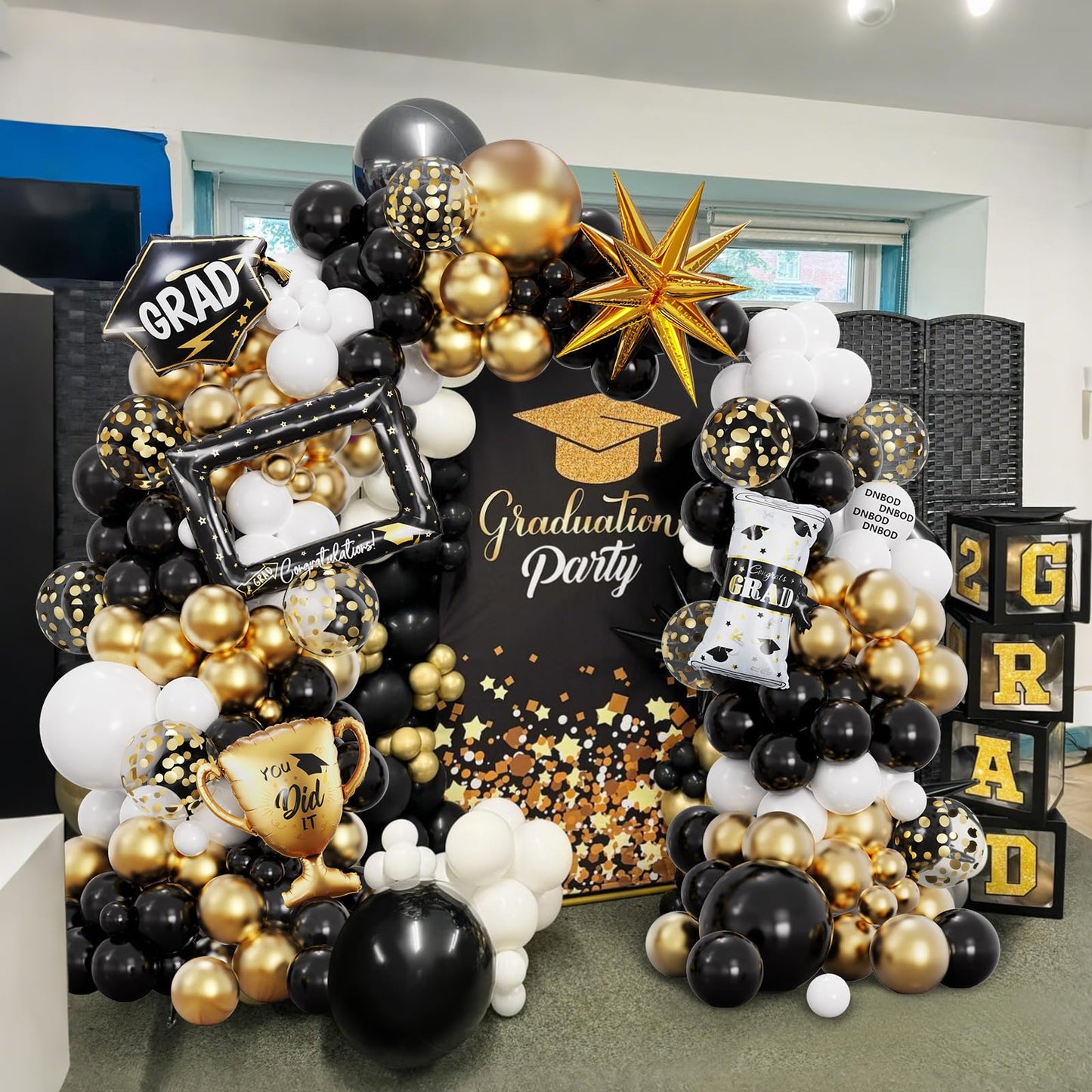 135Pcs Black Gold White Graduation Balloon Garland Arch Kit,with Explosion Star,Diploma,Trophy,Grad Hat,Photo Frame Foil Balloons for Congrats Class of 2026 Graduates Celebrations Party Decoration