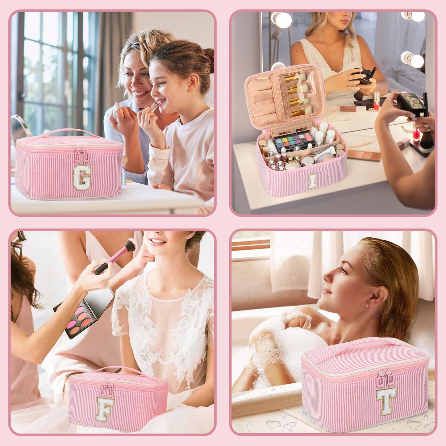 OCHEAL Makeup Bag for Women, Monogram Cosmetic Bag Pink Travel Makeup Case Beauty Toiletry Bag Organizer Personalized Gifts for Girls Bridesmaid, Sister, Wife, Friends Initial S
