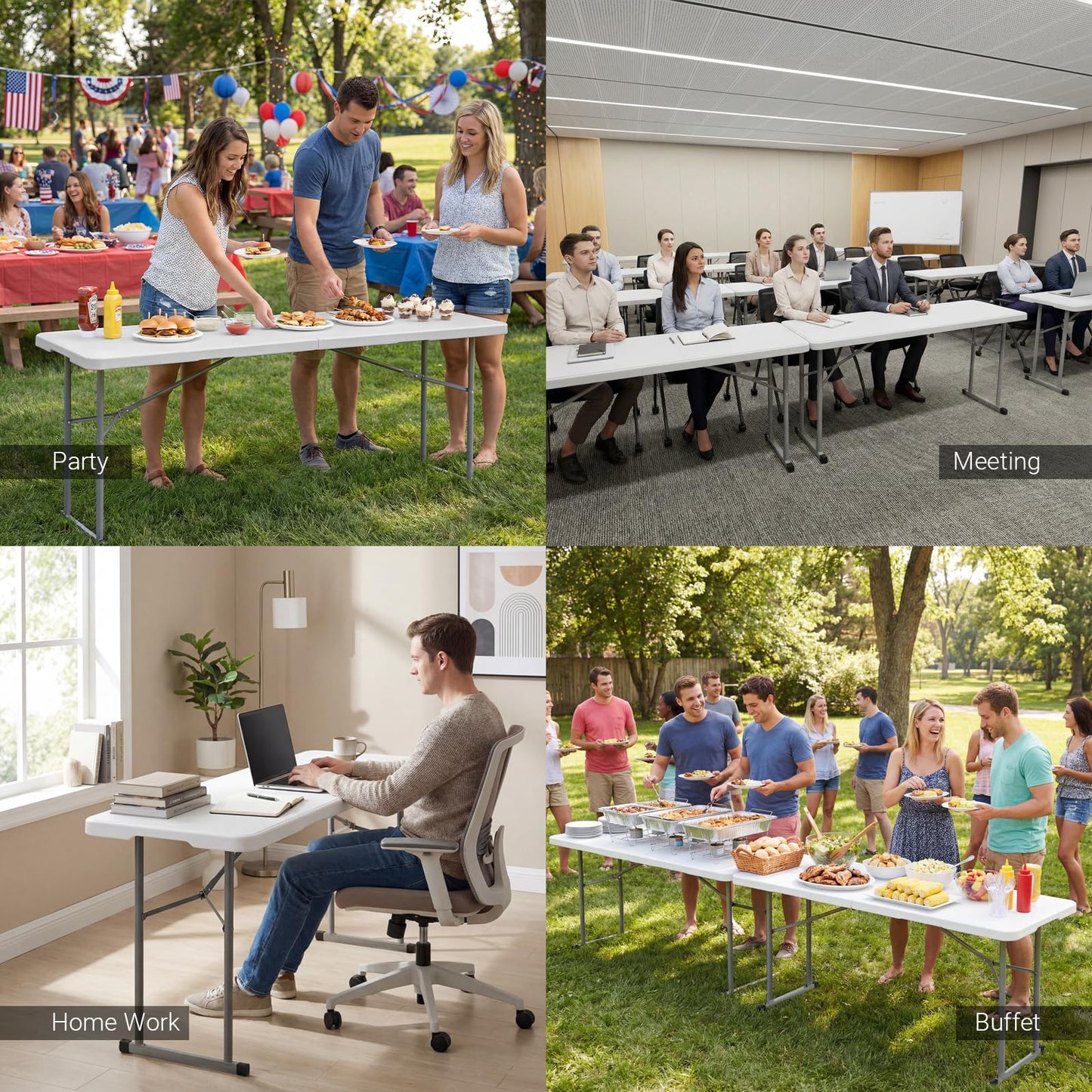 Byliable Folding Table 6FT Narrow Portable Foldable Plastic Heavy Duty Long Table, Fold-in-Half with Carrying Handle for Indoor Outdoor Meeting, Buffet, Party, Wedding, Home Work, 6 Foot, White