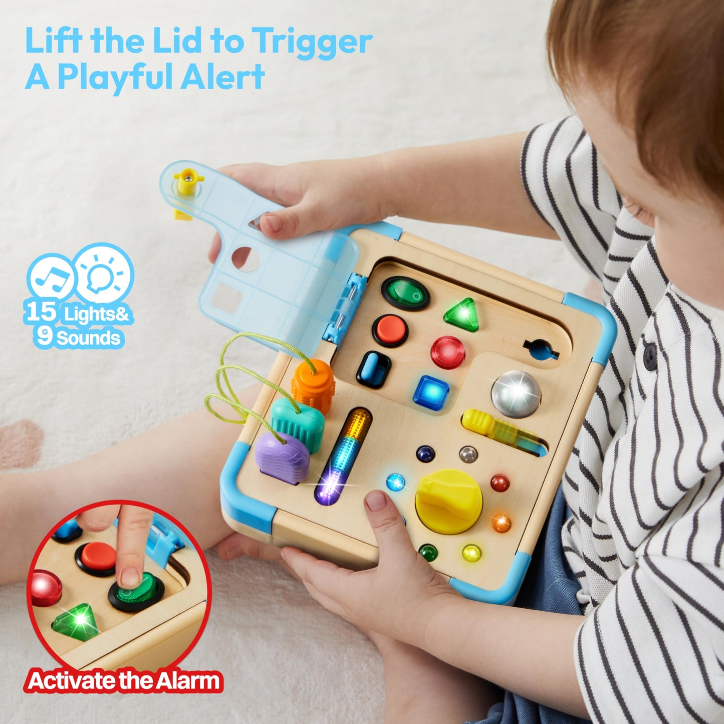 lalalark JOVA Electronic Busy Board – Montessori Learning Toddler Toy, 15 Lights & 9 Sounds, 5 Switches & Plugs, Sensory, Fidget, Travel Activities, Early Development, Easter Baby Gifts Toys Age 18M+