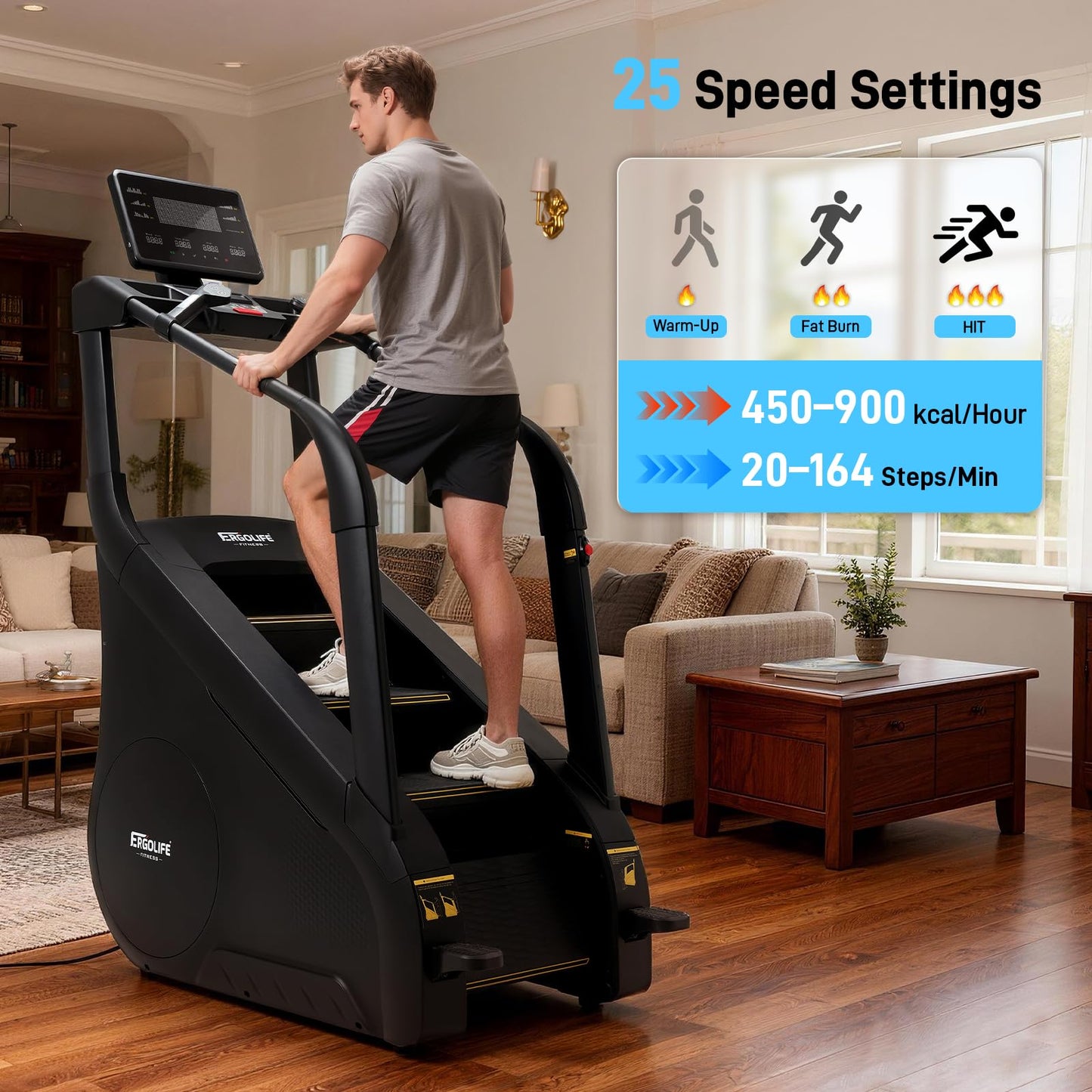 ERGOLIFE Stair Climber with 25 Resistance Levels for Home Gym, Stairmaster for Cardio Exercise, Stair Stepper Machine with LED Display
