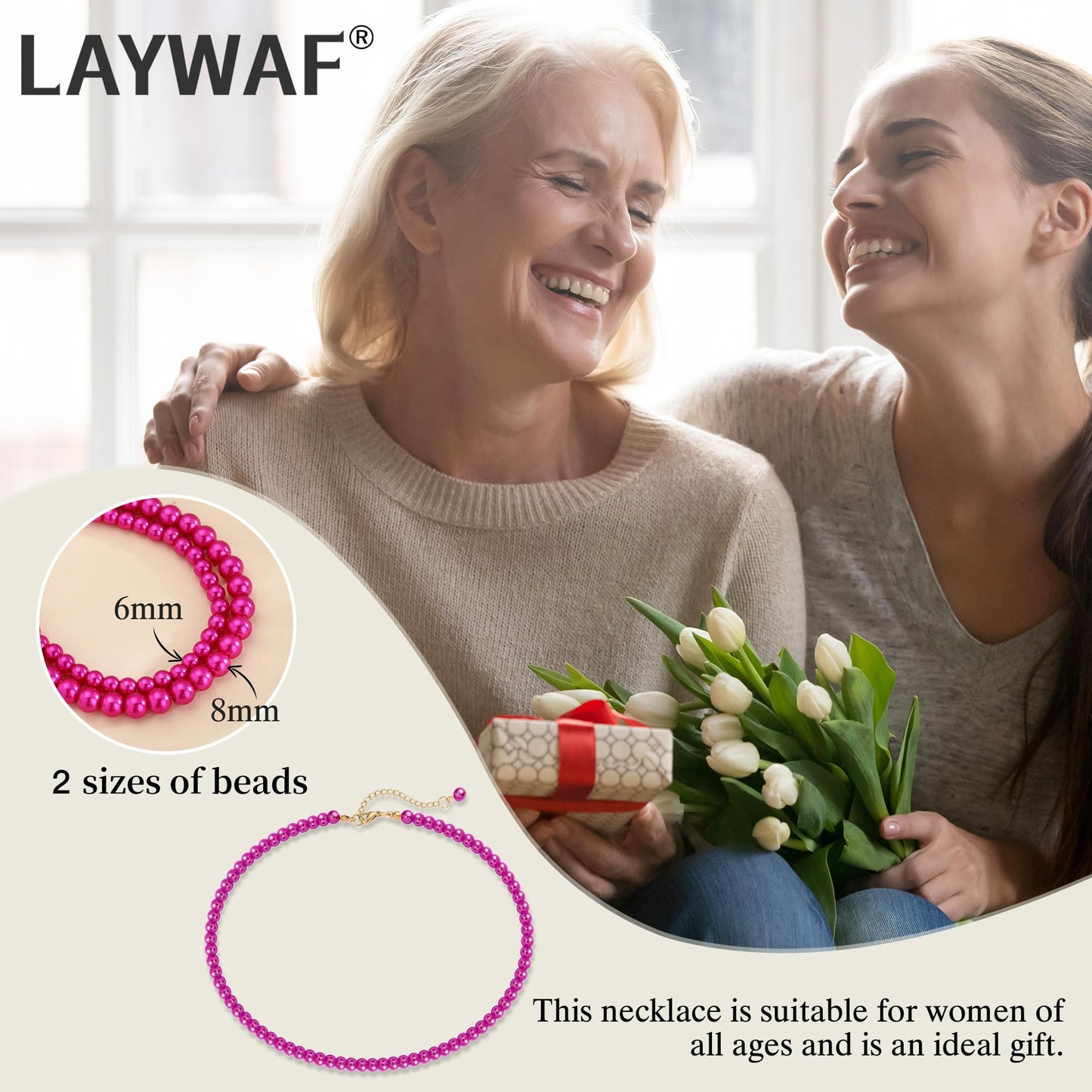 LAYWAF Fuchsia Imitation Pearl Necklaces for Women, Fake Pearl Choker 6MM Beaded Necklace, Costume Pearl Necklace, Hot Pink Faux Pearl Wedding Jewelry