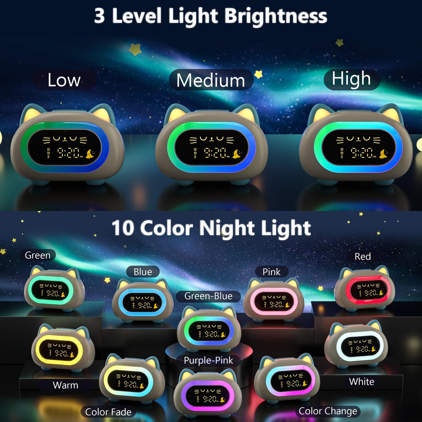ANALOI Alarm Clock for Kids, Kids Alarm Clocks for Girls with Sleep Training Dual Alarm Eye Protection Auto Off Timer 10 Color Night Light, Cat Ok to Wake Clock, Gifts for Kids Girls