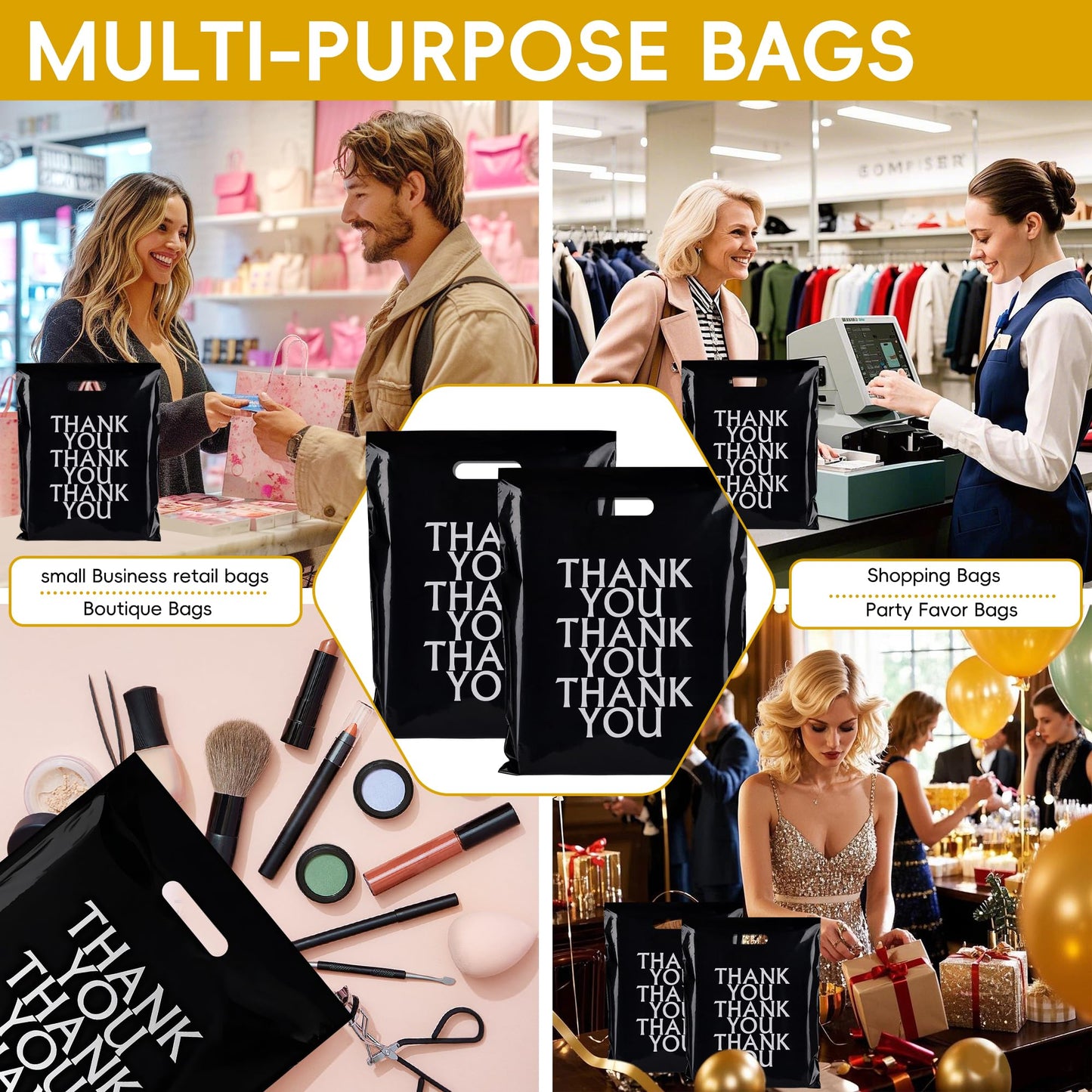 POPGIFTU Black Thank You Bags 12x15, 100 PCS Plastic Shopping Bags with Handles, Boutique Retail Bags for Small Business, Merchandise Gift Bags Bulk