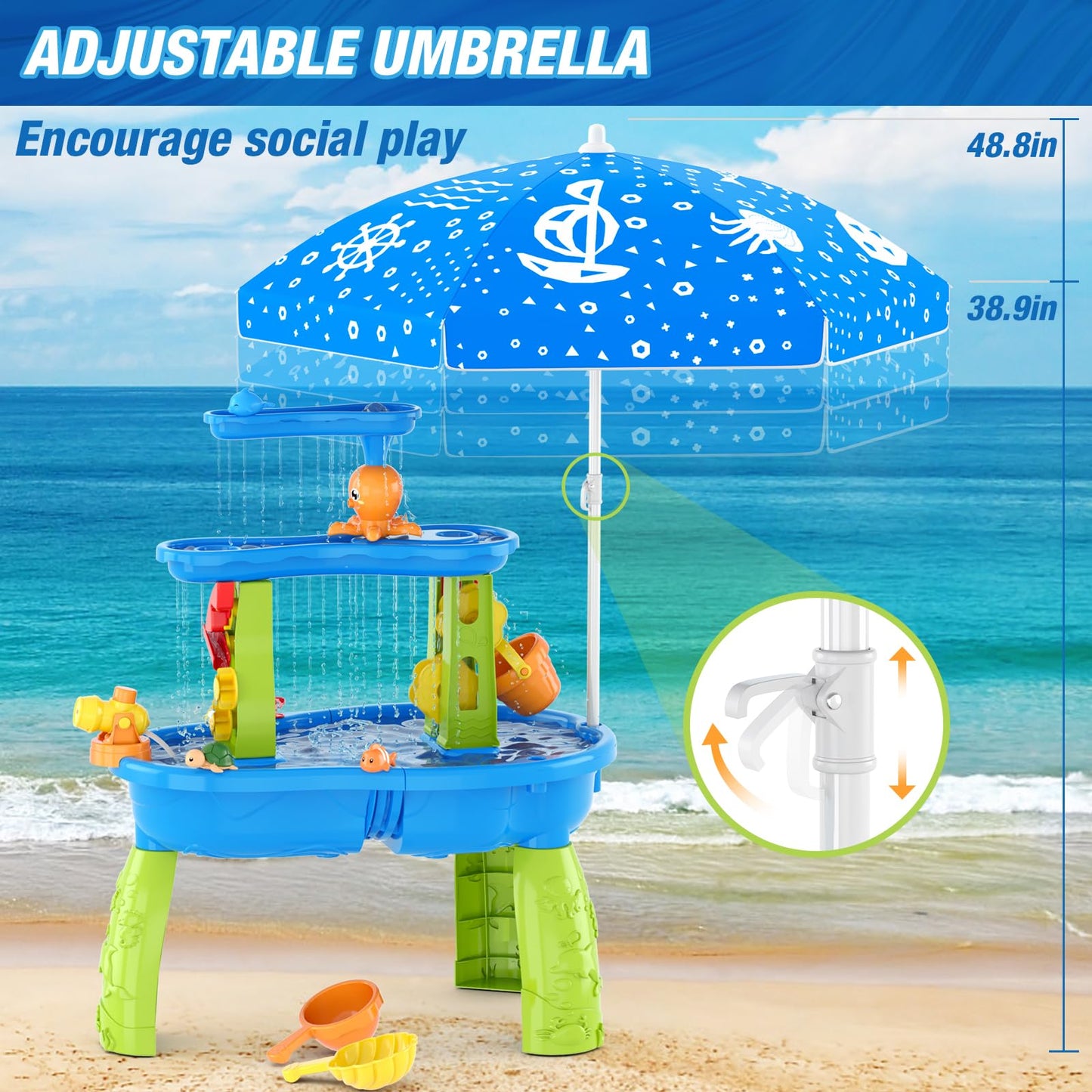 HYES Water Table for Toddlers 3-5, 3-Tier Kids Splash Sand Table Water Toys with Umbrella, Rain Showers Splash Pond for Outdoor Beach Backyard Summer, Activity Sensory Playset for Boys Girls, Blue