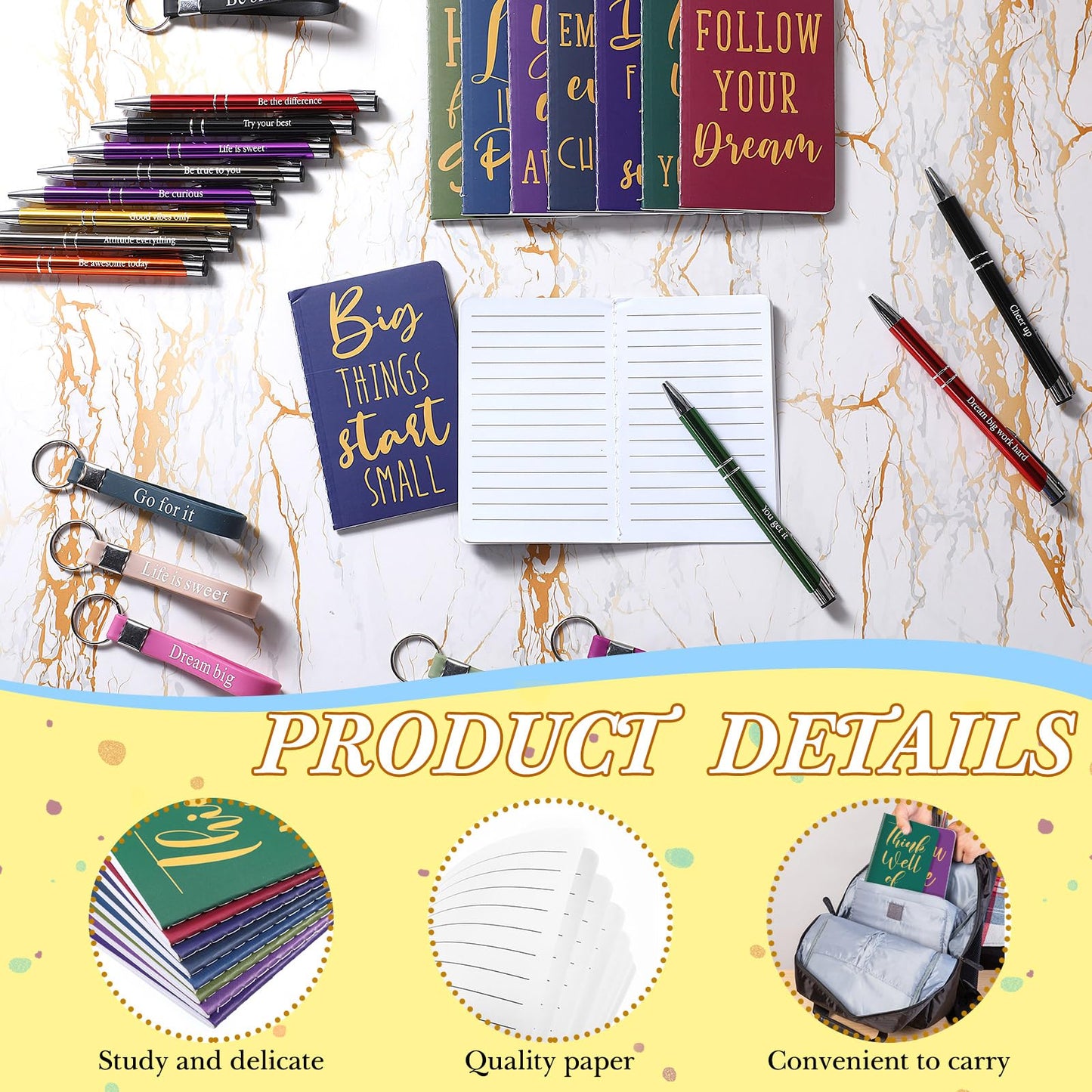 Pajean 128 Pcs Inspirational Gifts Bulk Motivational Notebooks Journal Ballpoint Pens Positive Affirmation Keychains Organza Bags for Students Teachers Employee School Office Prizes Favors Supplies