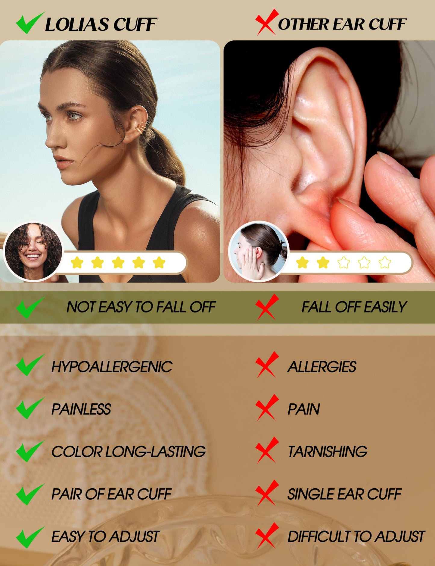 LOLIAS 4 Pairs Ear Cuffs Non Piercing - White Gold Plated Ear Cuff Earrings for Women Ear Cuff for Non Pierced Ears Clip on Cartilage Earring Double Adjustable Fake Earrings Set