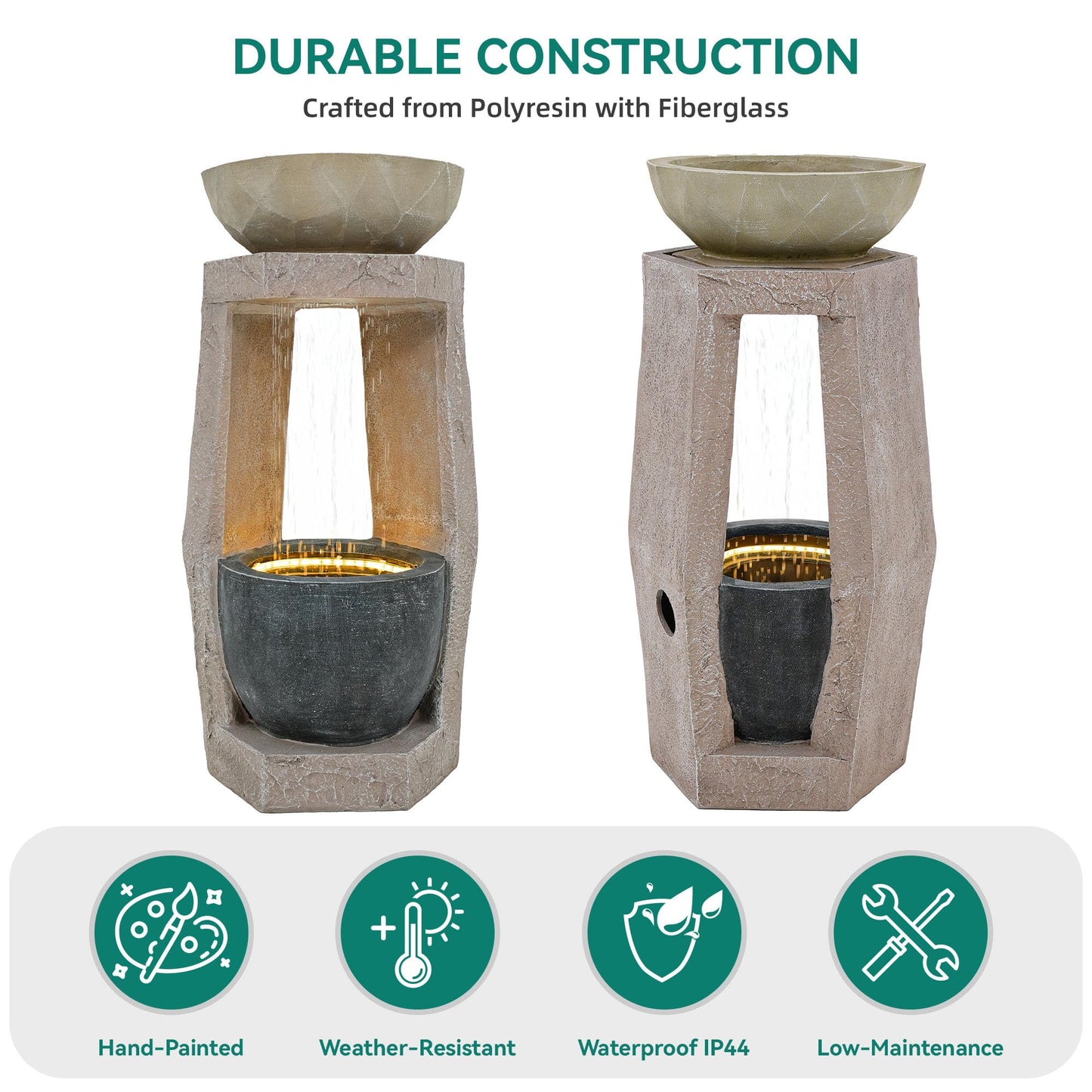 Ultym 32" Outdoor Fountain, Modern Geometric Two Bowls Water Feature with LED Lights, Resin Soothing Cascading Waterfall for Patio, Backyard, Garden or Porch